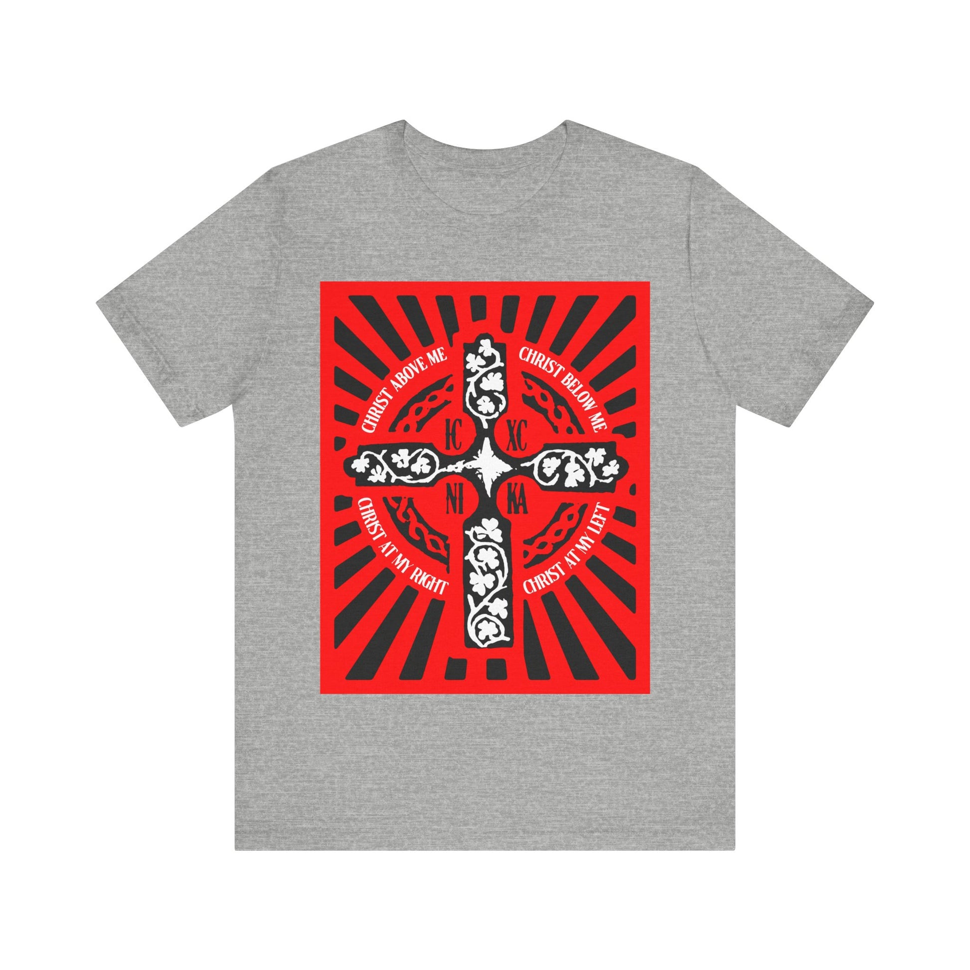 Athletic Heather tee featuring a bold red ICXC NIKA Enniskillen Celtic Cross with the Lorica of St. Patrick and Shield Prayer—Orthodox Christian inspiration in every detail.