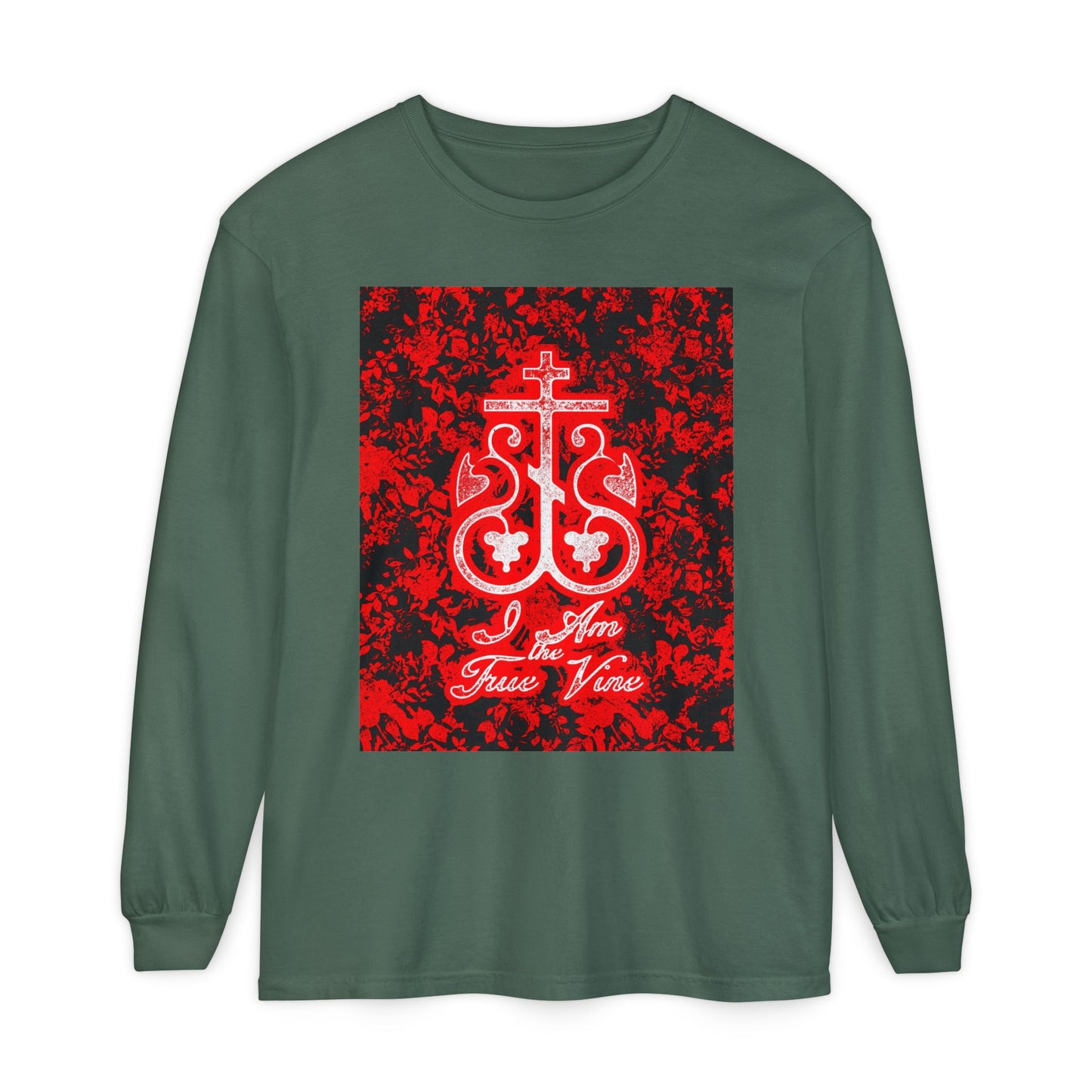 I Am the True Vine (John 15:1) | Orthodox Cross Vine Monogram | Red and Black Floral Design | Orthodox Christian Long Sleeve Shirt
