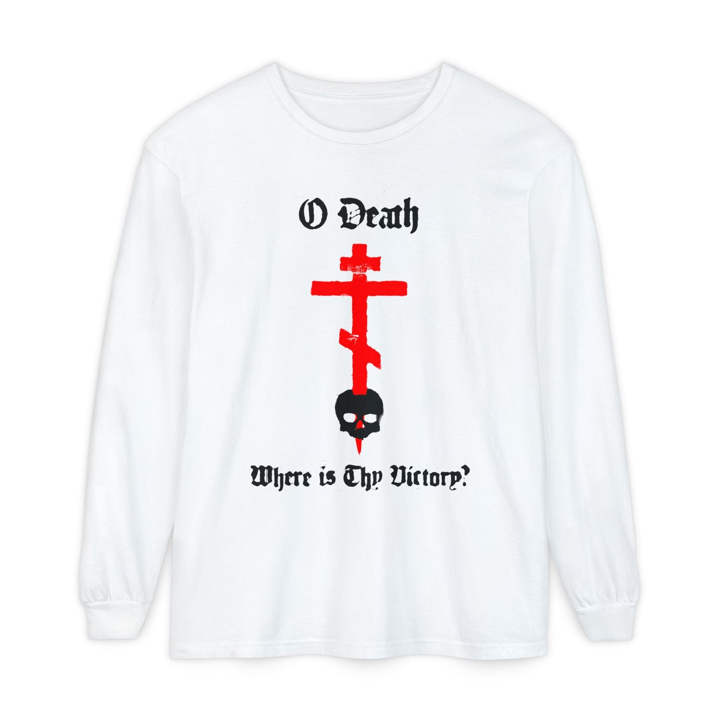 O Death Where is Thy Victory? 1 Cor 15:55 | Cross Stabbing Skull | Spraypaint Aesthetic | Orthodox Christian Long Sleeve Shirt