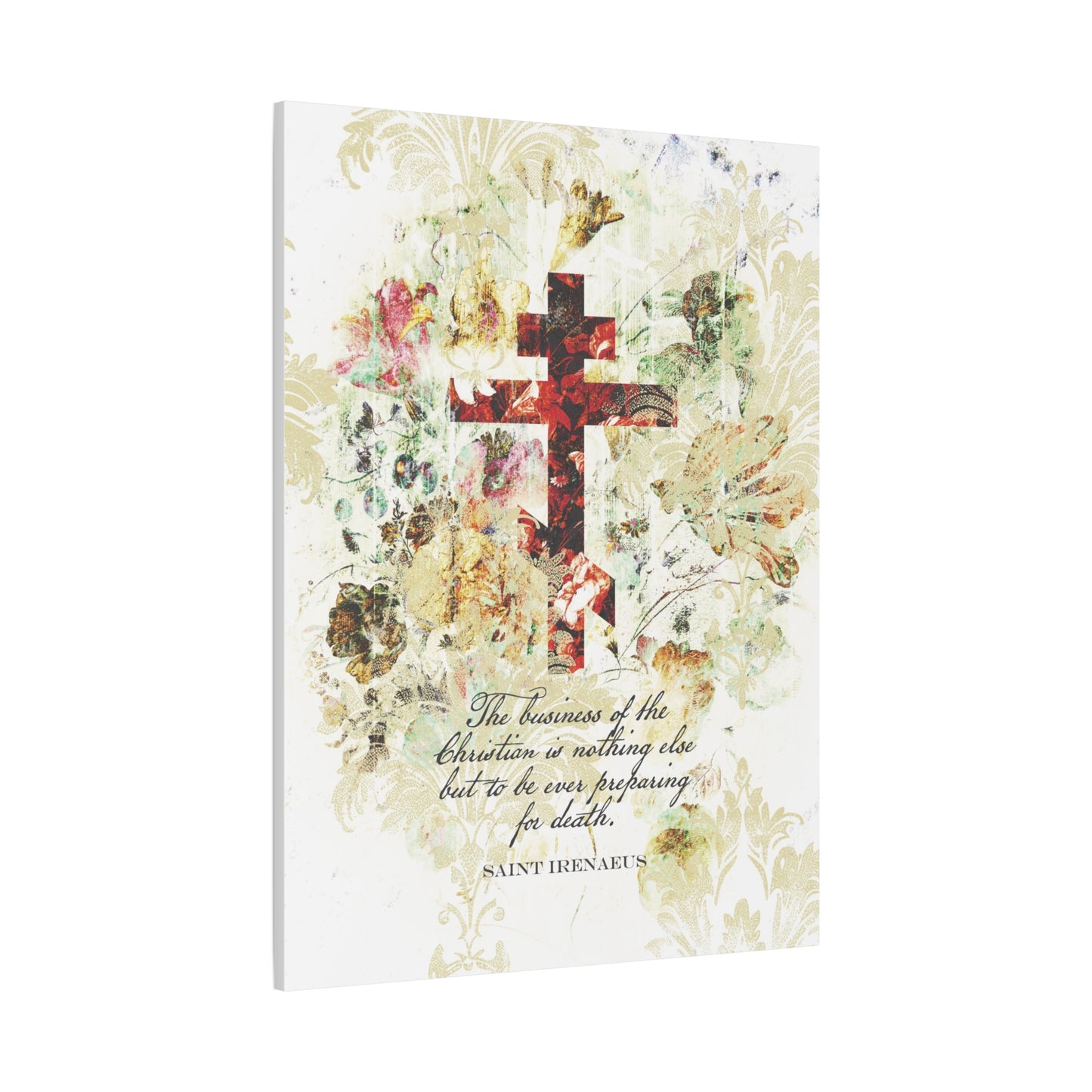 Preparing For Death | White & Beige Floral Scrapbook Texture Cross | Arts & Crafts Style | St Irenaeus | Orthodox Christian Canvas Art