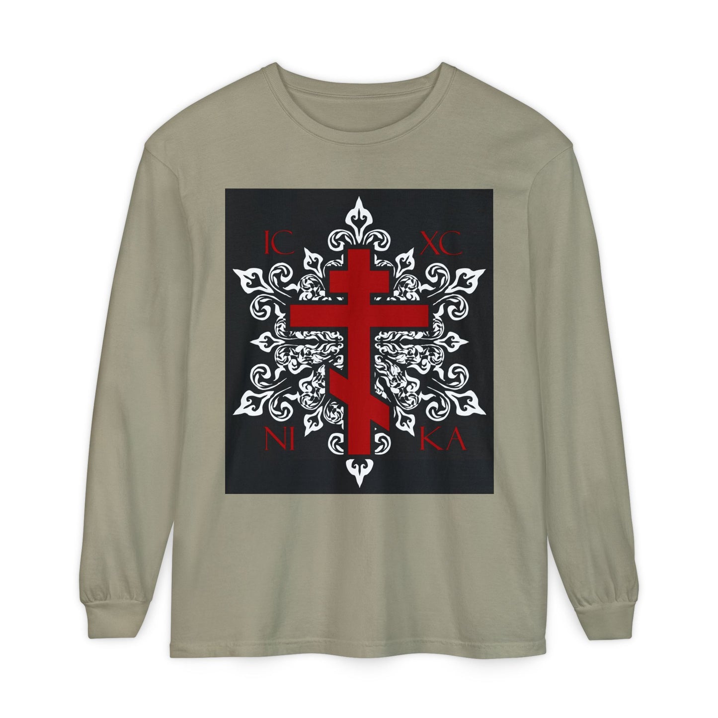 ICXC / NIKA Red Orthodox Cross on Ornate White Medieval Floral Design | Exclusive Best-Selling | Orthodox Christian Long Sleeve Shirt