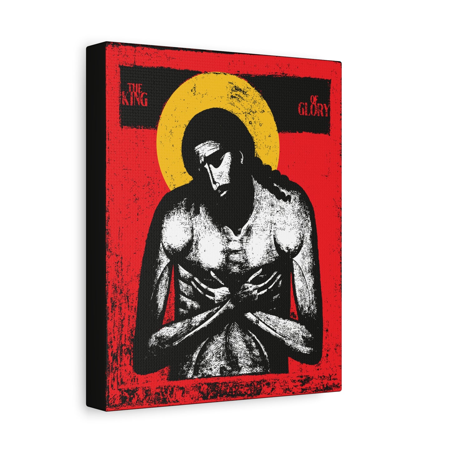 A grayscale Jesus Christ with a yellow halo on red, text "The King of Glory." The King of Glory Jesus Christ "Extreme Humility" IconoGraphic—red, yellow, white & black Christian wall art inspired by Isaiah 53.