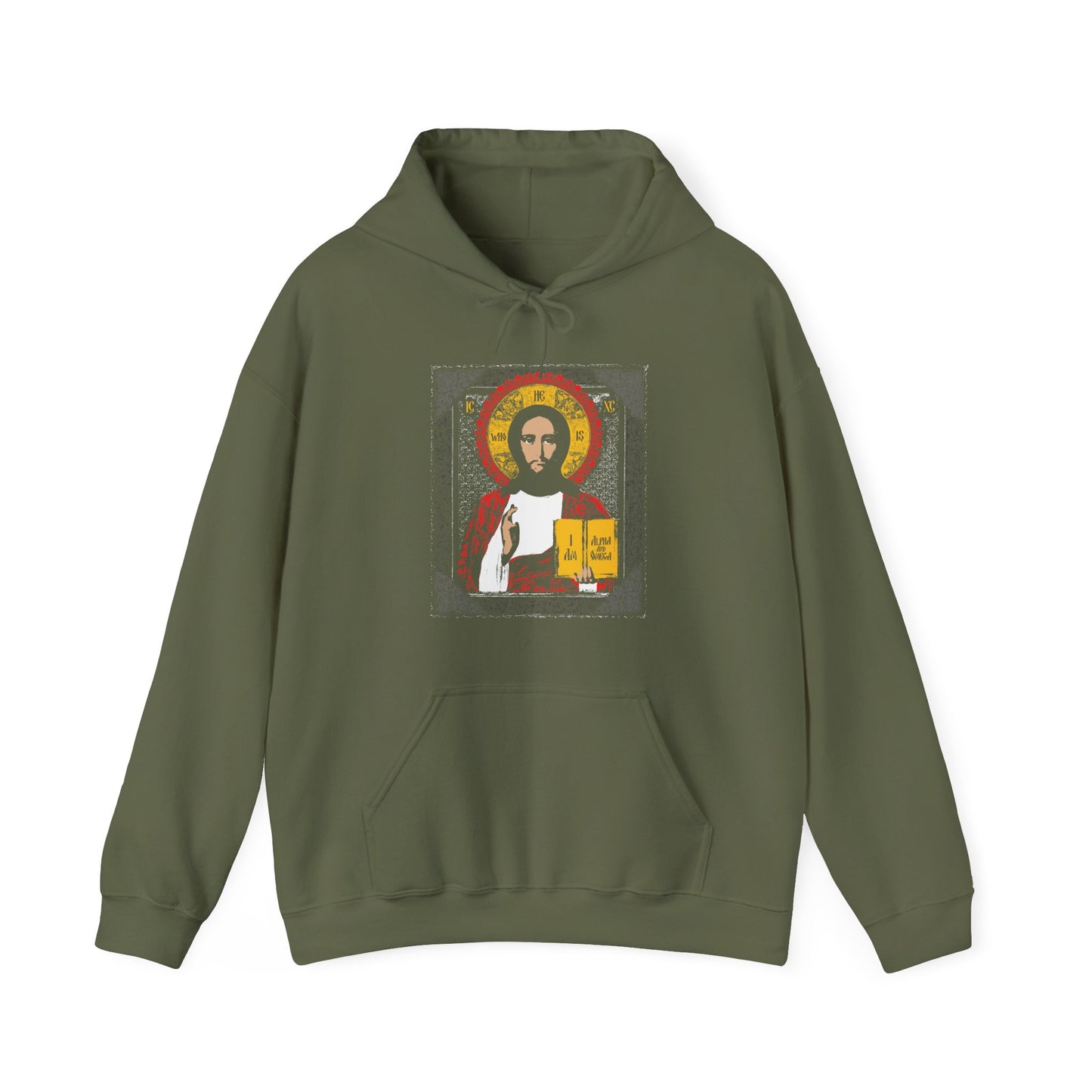Christ Pantocrator Icono-Graphic | He-Who-Is | I Am the Alpha and Omega | Ancient Icon Graphic Design | Orthodox Christian Hoodie