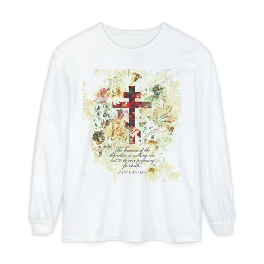 Preparing For Death | White & Beige Floral Scrapbook Texture Cross | Arts & Crafts Style | St Irenaeus | Orthodox Christian Long Sleeve Shirt