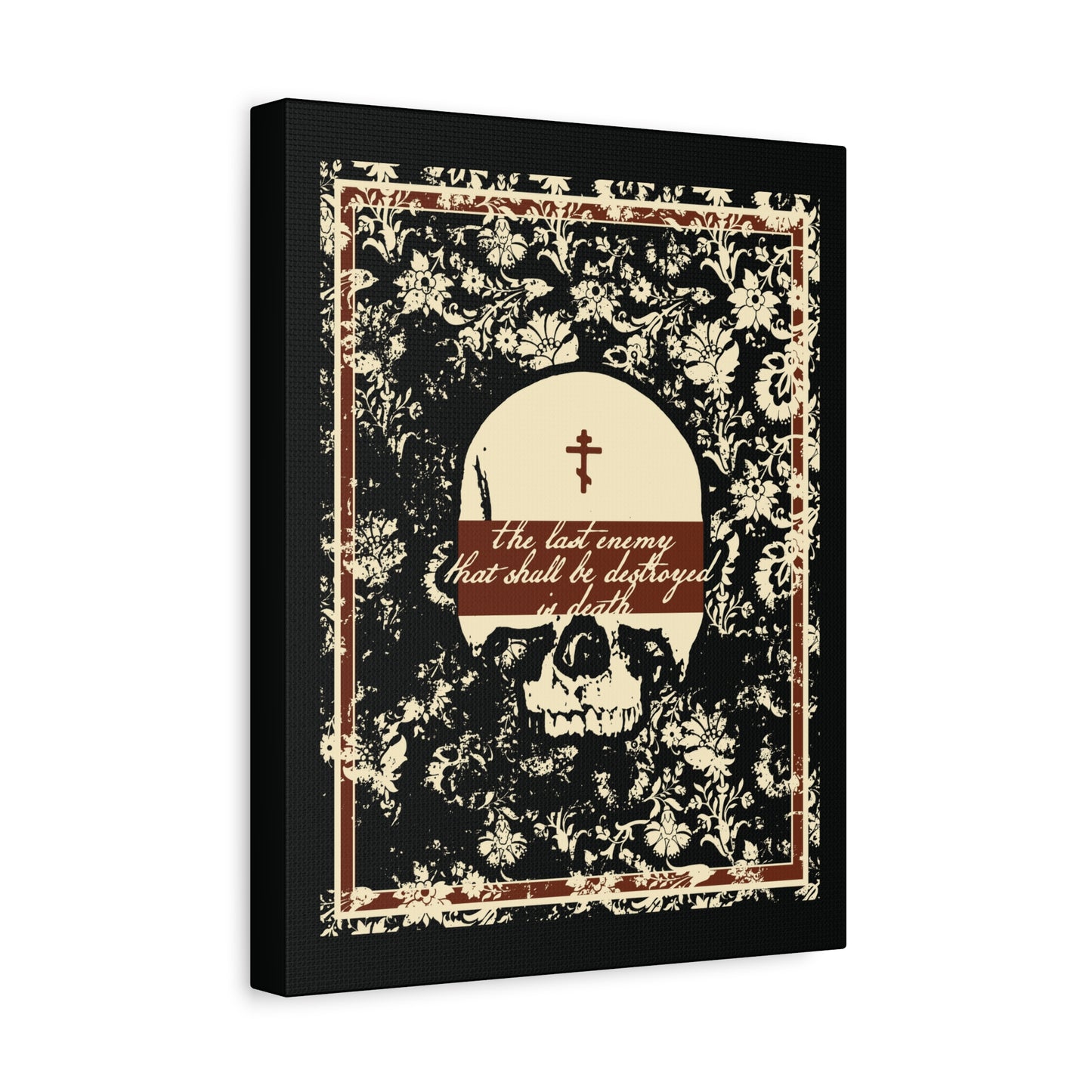 The Last Enemy That Shall Be Destroyed is Death (1 Cor 15:26) | Earthtone Skull and Floral Design | Resurrection | Orthodox Christian Canvas Art
