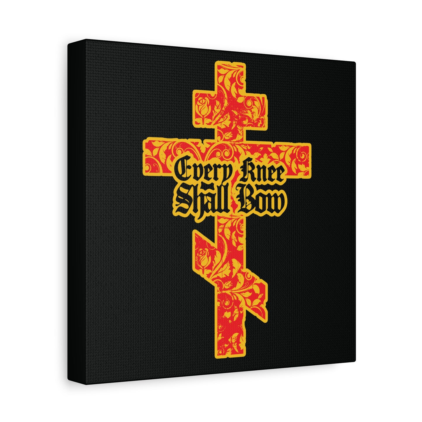 A gold and red floral-textured Orthodox cross with Gothic "Every Knee Shall Bow" lettering, inspired by Isaiah 45:22-24 & Philippians 2:7-11, featured on black. Christian wall art.