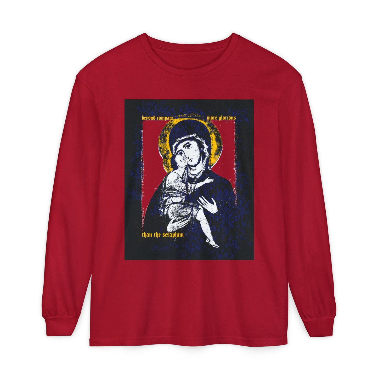 Beyond Compare More Glorious Than the Seraphim | Vladimir Theotokos Iconographic | Orthodox Christian Long Sleeve Shirt