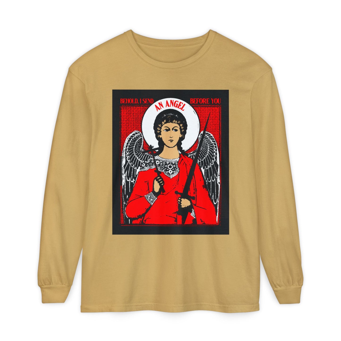 Behold, I Send an Angel Before You (Exodus 23:20) | Guardian Angel With Cross and Sword IconoGraphic | Orthodox Christian Long Sleeve Shirt