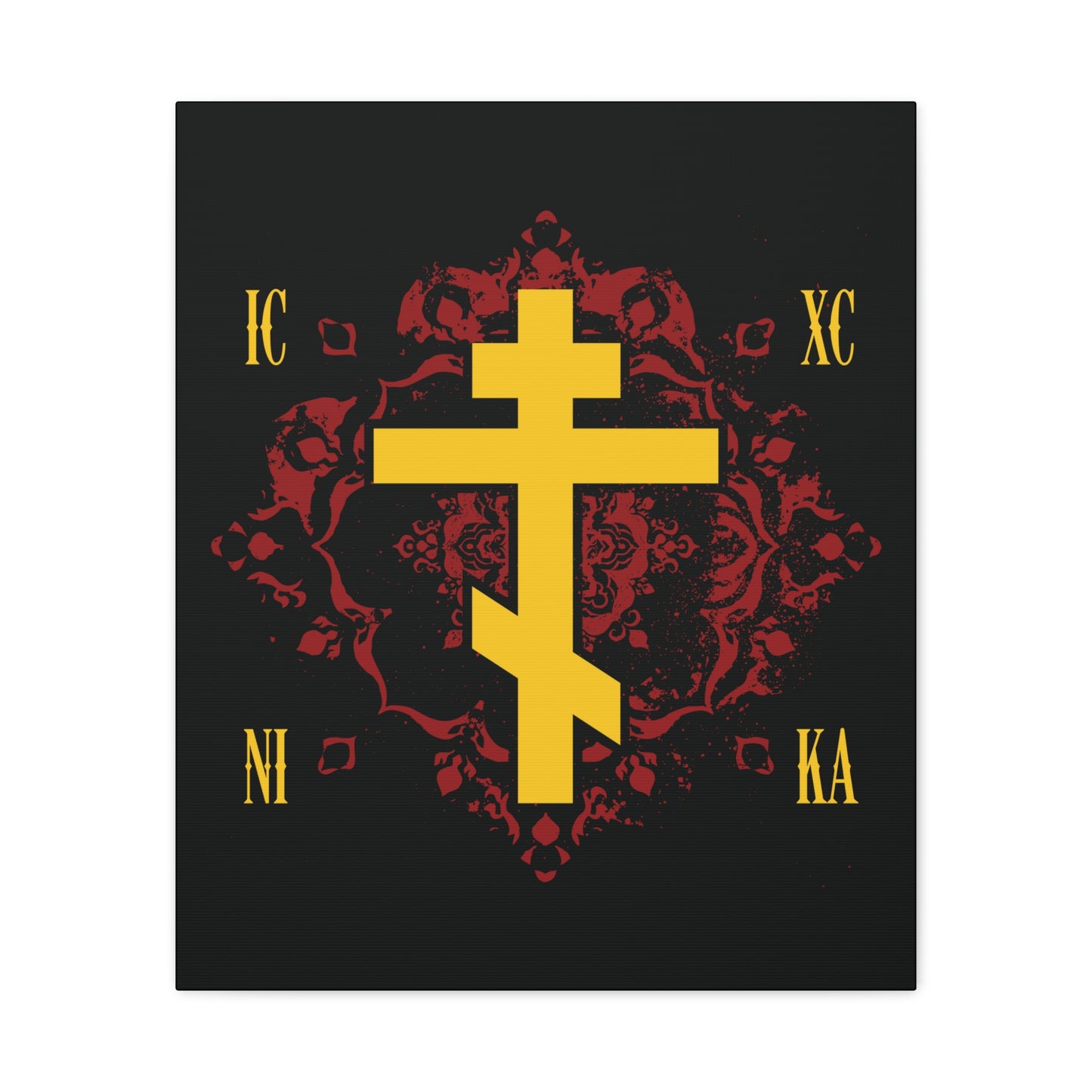 The ICXC NIKA Yellow Russian Cross on an ornate red background design celebrates Jesus Christ’s victory, featured in this Orthodox Christian canvas art.