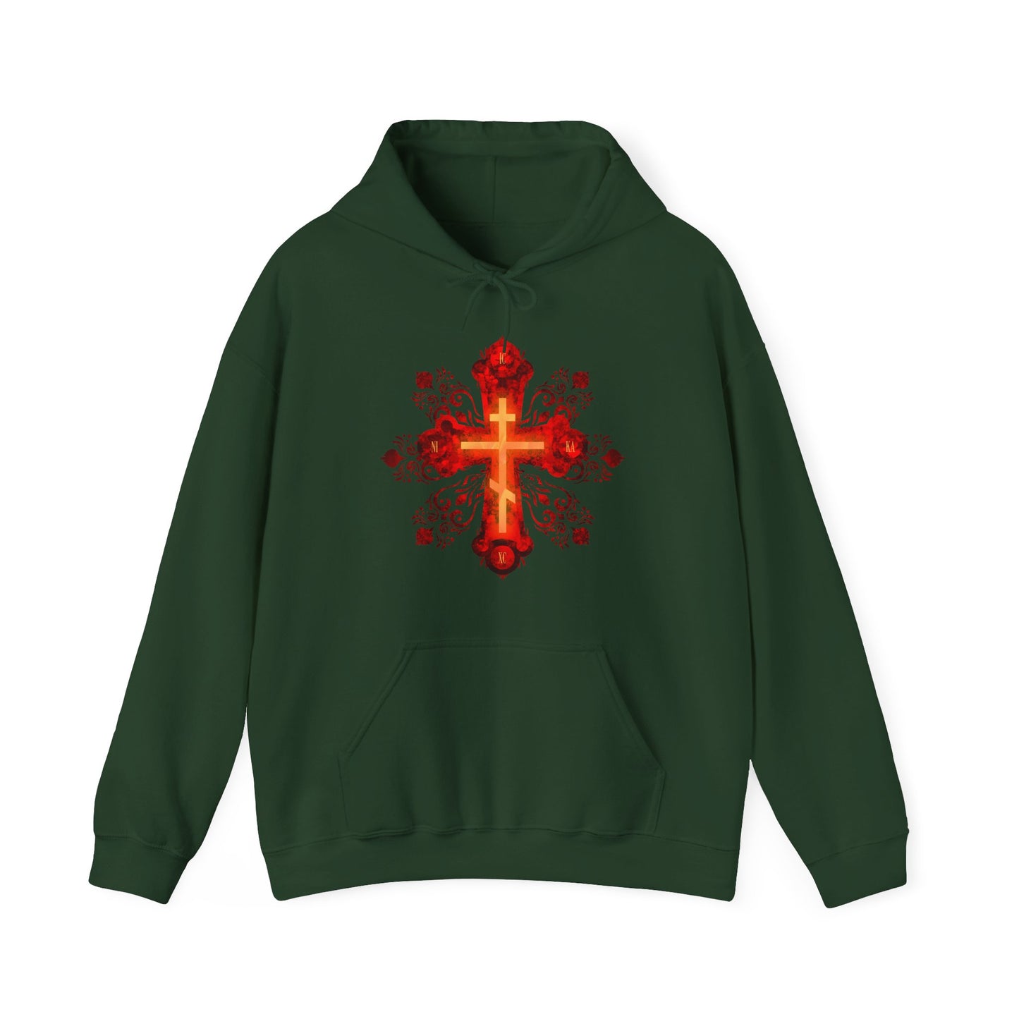 Forest green hoodie featuring an ornate red and gold Russian-style Orthodox cross with “He was pierced for our transgressions”—a tribute to the faith and spirit of Orthodox Christian warriors seeking their heavenly homeland.