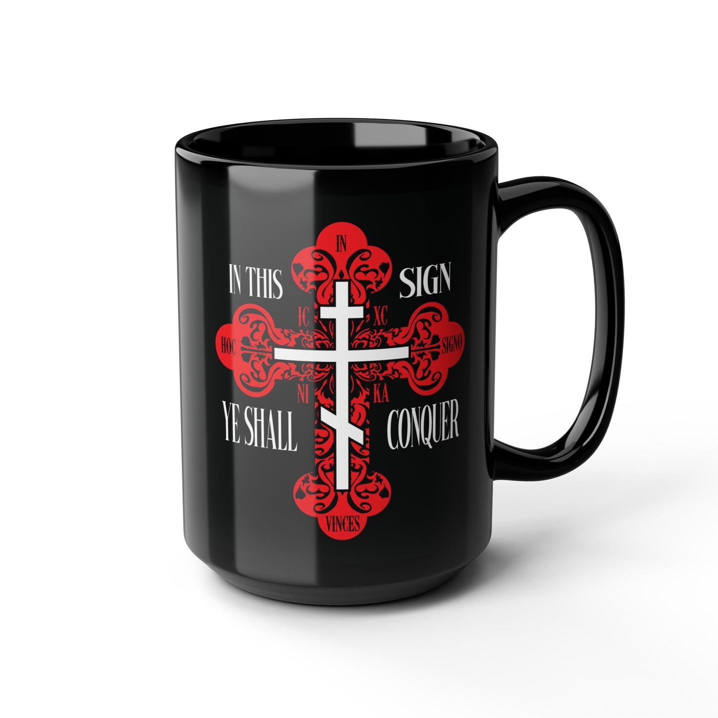 Black mug with red ornate Orthodox cross and “In This Sign Ye Shall Conquer | In Hoc Signo Vinces | ICXC NIKA.” Celebrates the life-giving Cross and Christ’s victory.