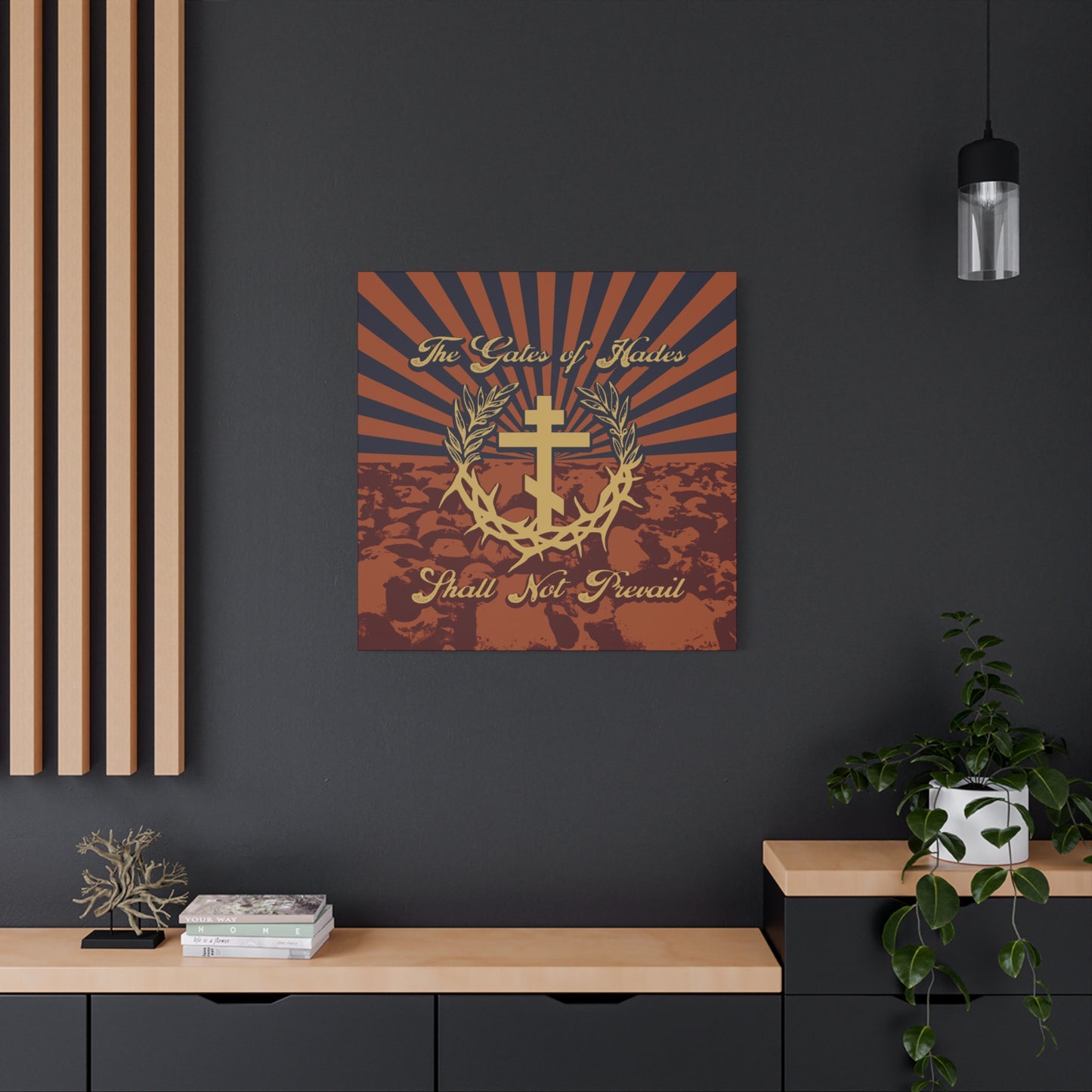 The Gates of Hades Shall Not Prevail | Cross with Wreath & Crown of Thorns | Skulls and Rays | Orthodox Christian Canvas Art