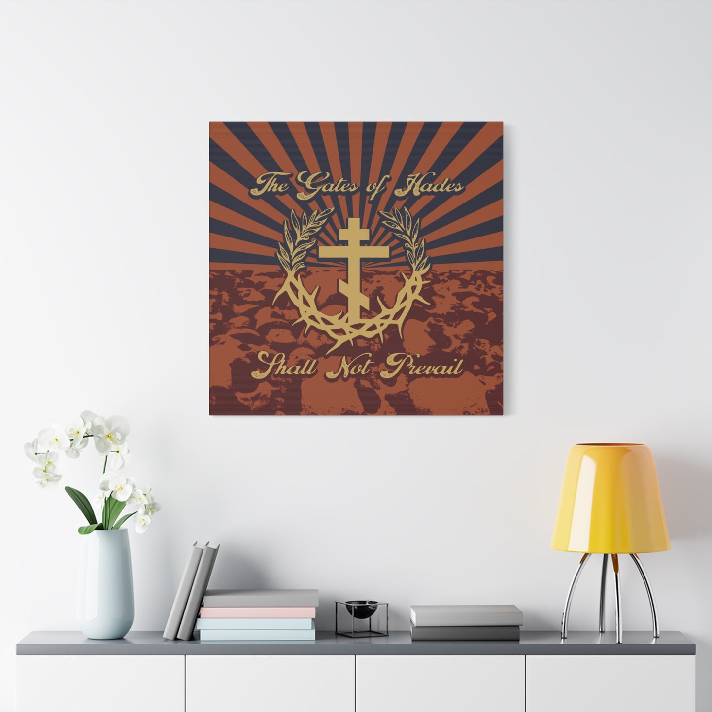 The Gates of Hades Shall Not Prevail | Cross with Wreath & Crown of Thorns | Skulls and Rays | Orthodox Christian Canvas Art