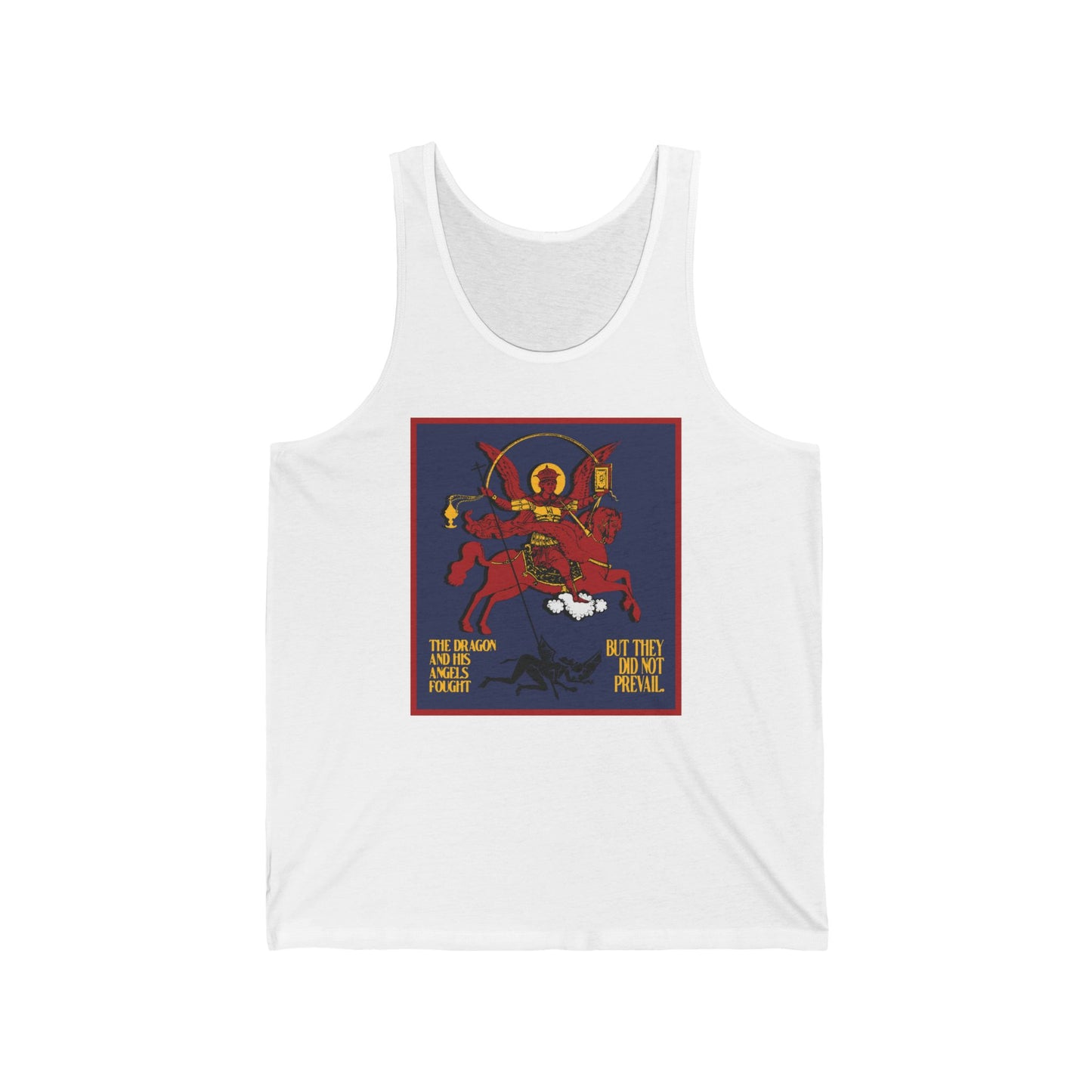 Archangel Michael of the Apocalypse IconoGraphic (Revelation 12:7-8) | Red Angel and Horse on Blue Background | Orthodox Christian Jersey Tank Top / Sleeveless Shirt