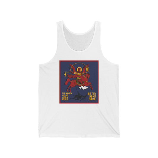 White tank top featuring the "Archangel Michael of the Apocalypse IconoGraphic," with a red angel and horse on a blue background, inspired by Revelation 12:7-8. Orthodox Christian jersey sleeveless shirt.