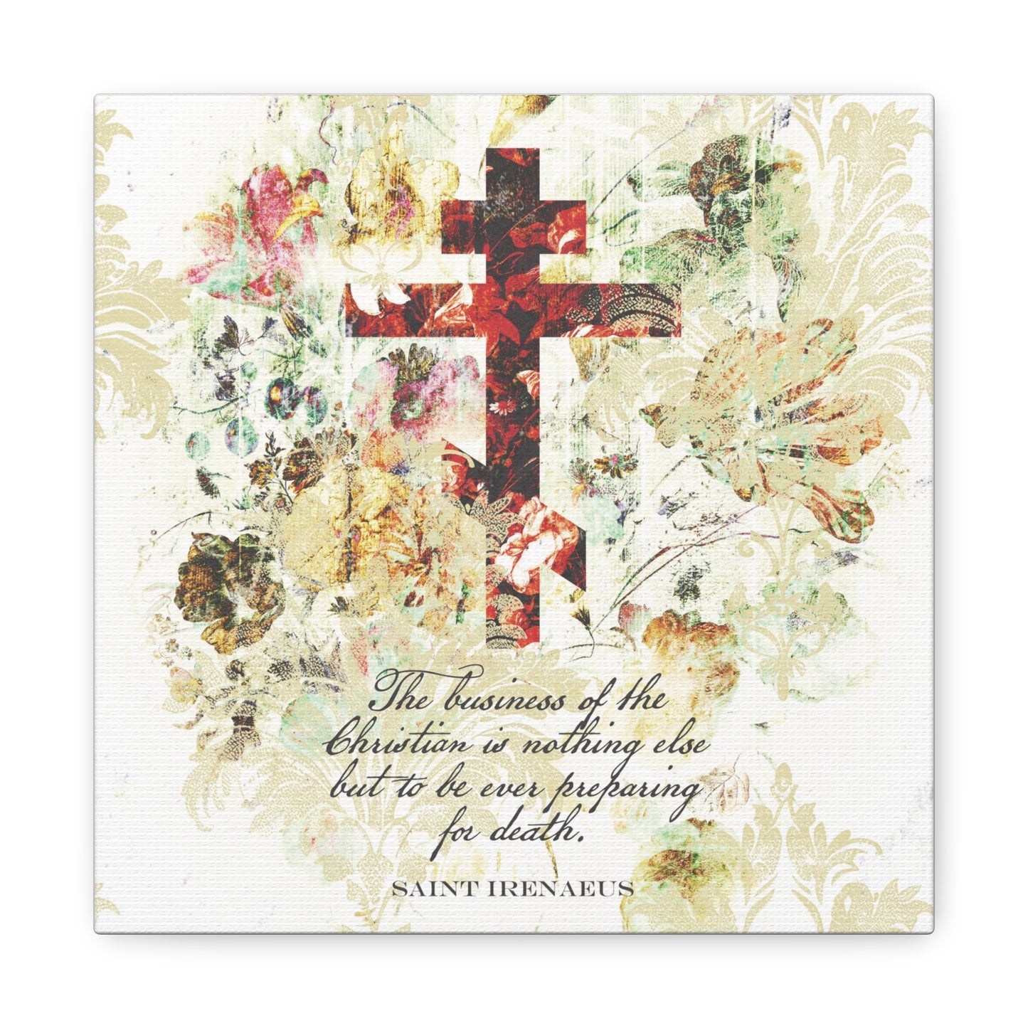 Preparing For Death | White & Beige Floral Scrapbook Texture Cross | Arts & Crafts Style | St Irenaeus | Orthodox Christian Canvas Art