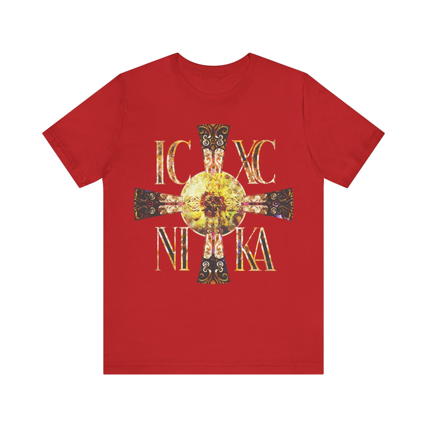 ICXC NIKA Celtic Style Equal Armed Cross | Bright Solar Texture | Orthodox Christian T-Shirt