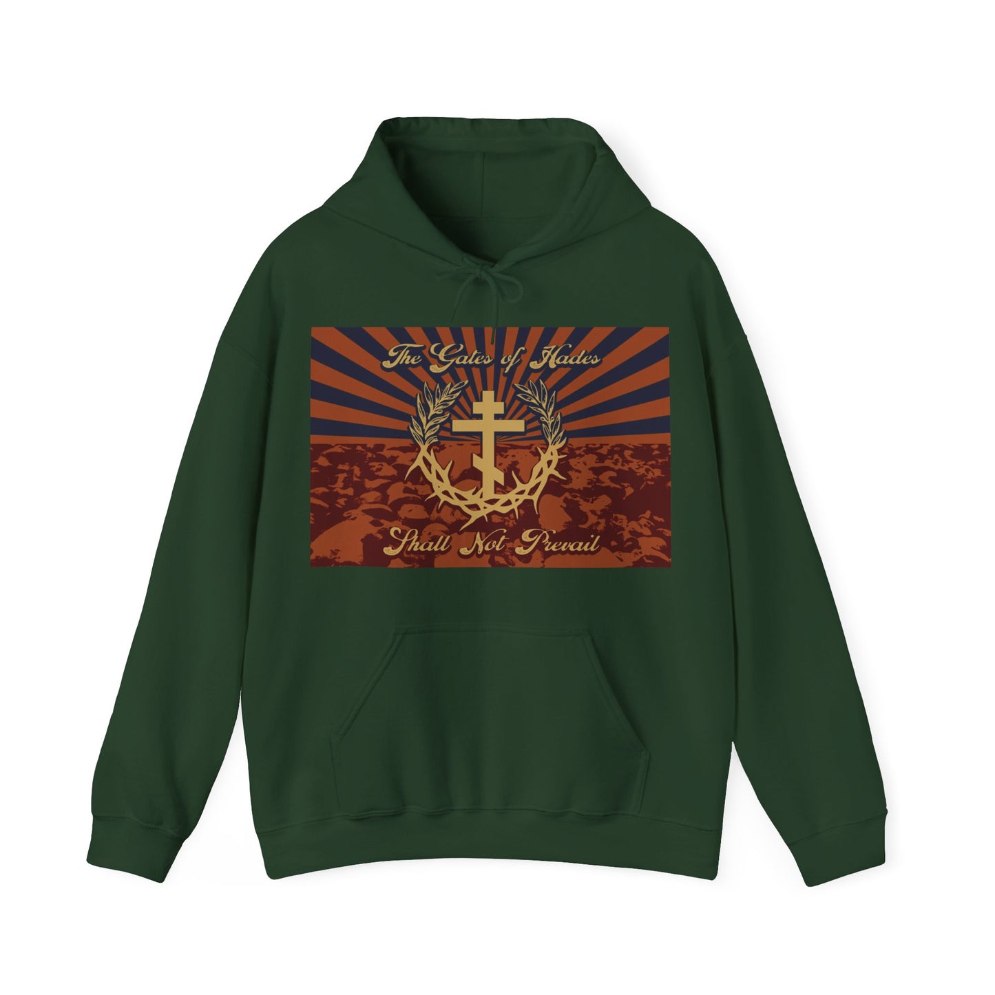 The Gates of Hades Shall Not Prevail | Cross with Wreath & Crown of Thorns | Skulls and Rays | Orthodox Christian Hoodie