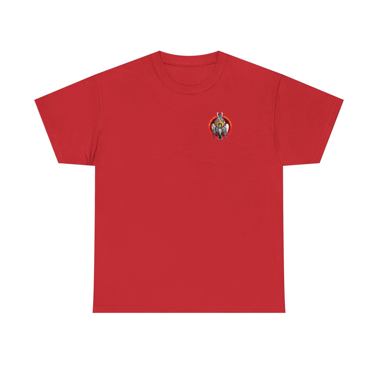 Red "Holy Holy Holy Seraphim Angel Icono-Graphic" unisex t-shirt featuring a small, colorful divine council and heavenly hosts graphic on the left chest. Made from midweight cotton.