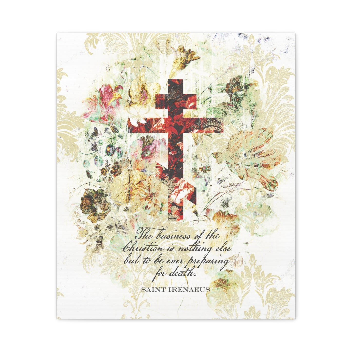 Preparing For Death | White & Beige Floral Scrapbook Texture Cross | Arts & Crafts Style | St Irenaeus | Orthodox Christian Canvas Art