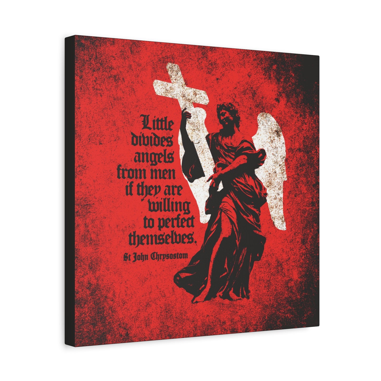The “Little Divides Angels from Men” canvas features a black cemetery angel with a cross on red, vintage lettering, and St. John Chrysostom’s inspiring call: “Be ye holy.” A striking Orthodox Christian art piece for faith-filled spaces.