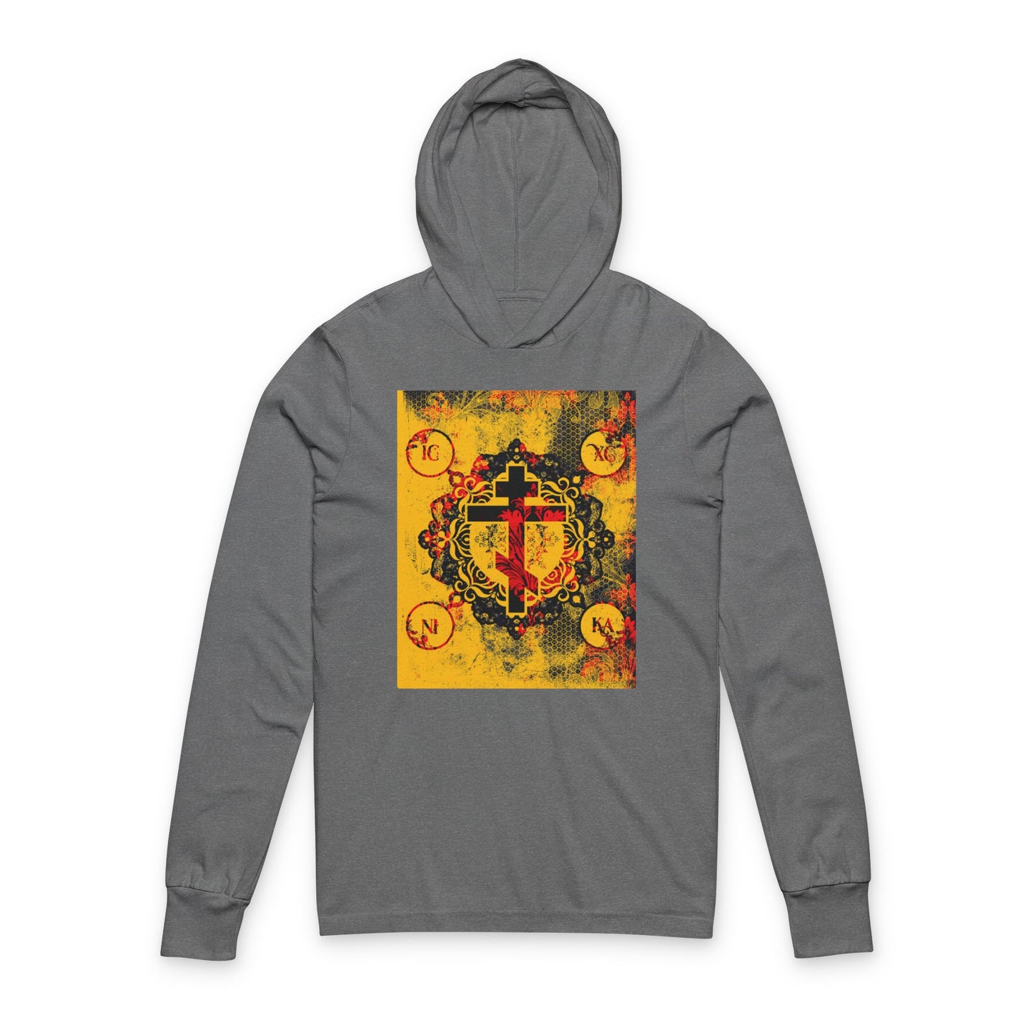 IC XC NIKA Orthodox Cross | Yellow & Red Modern & Medieval Textured Floral Design | Orthodox Long Sleeve Hooded Shirt