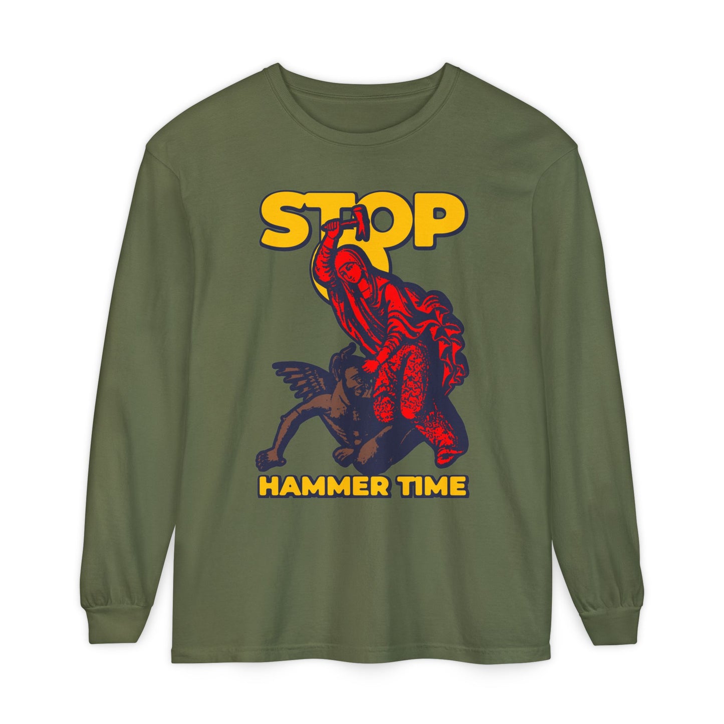 Olive green long-sleeve shirt featuring “STOP, HAMMER TIME” and a red hammer graphic, inspired by St Marina of Antioch beating the devil, with bold colors and modern Orthodox meme design.