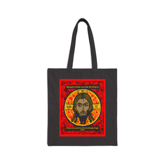 The Made Without Hands tote bag from Remembrance of Death features an icon-style image of Christ at the center with a red and gold border, “Blessed is Christ our God, He Who Is” above, and smaller text below—a beautiful Christian accessory.