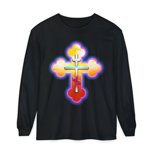 80s Synthwave Retrowave Outrun Aesthetic | Glowing & Reflective Gold & Red Three-Bar Cross | Orthodox Christian Cotton Long Sleeve Shirt