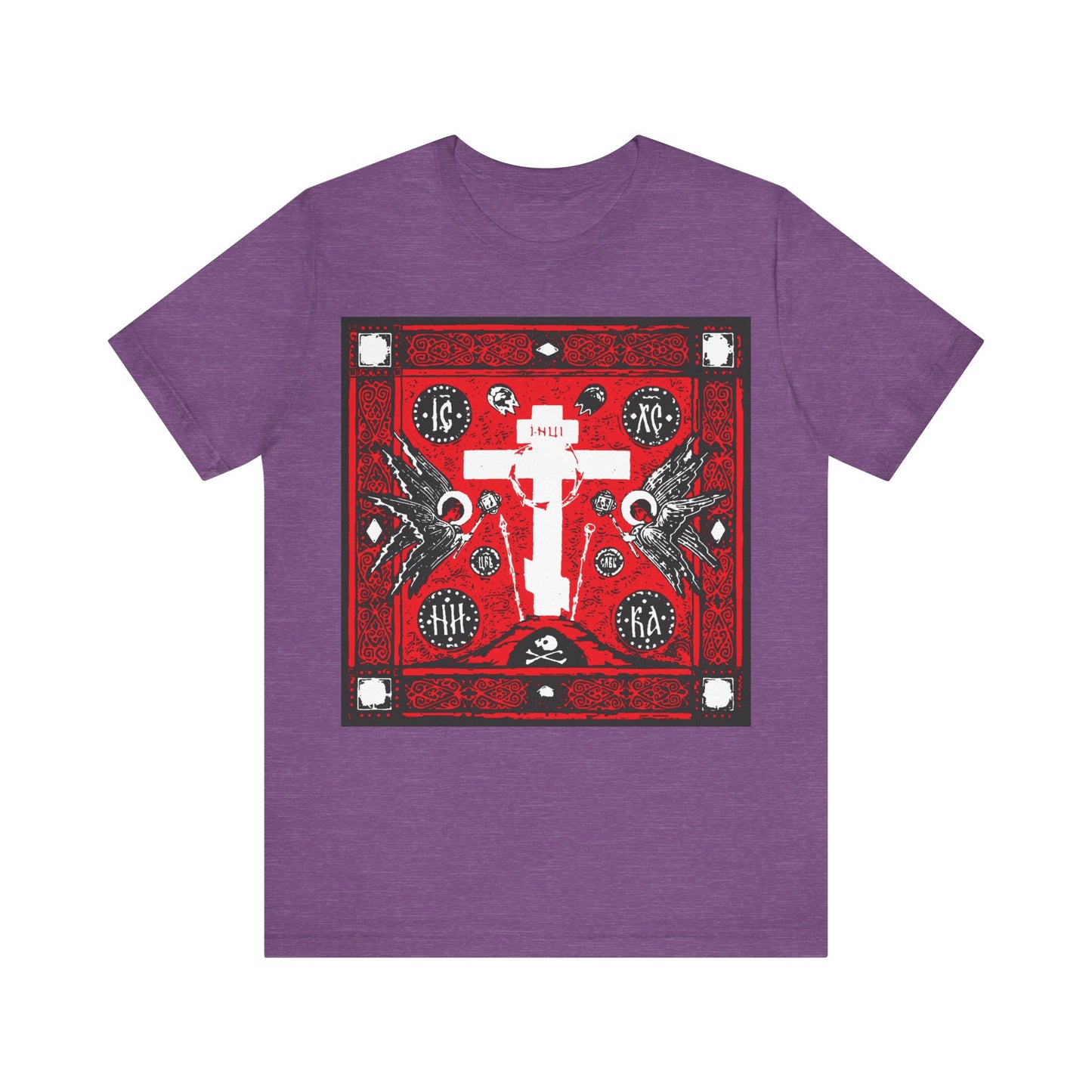 Adoration of Holy Cross IconoGraphic | Striking Red, White, & Black Russian Cross Design w/ Angels | Orthodox Christian T-Shirt