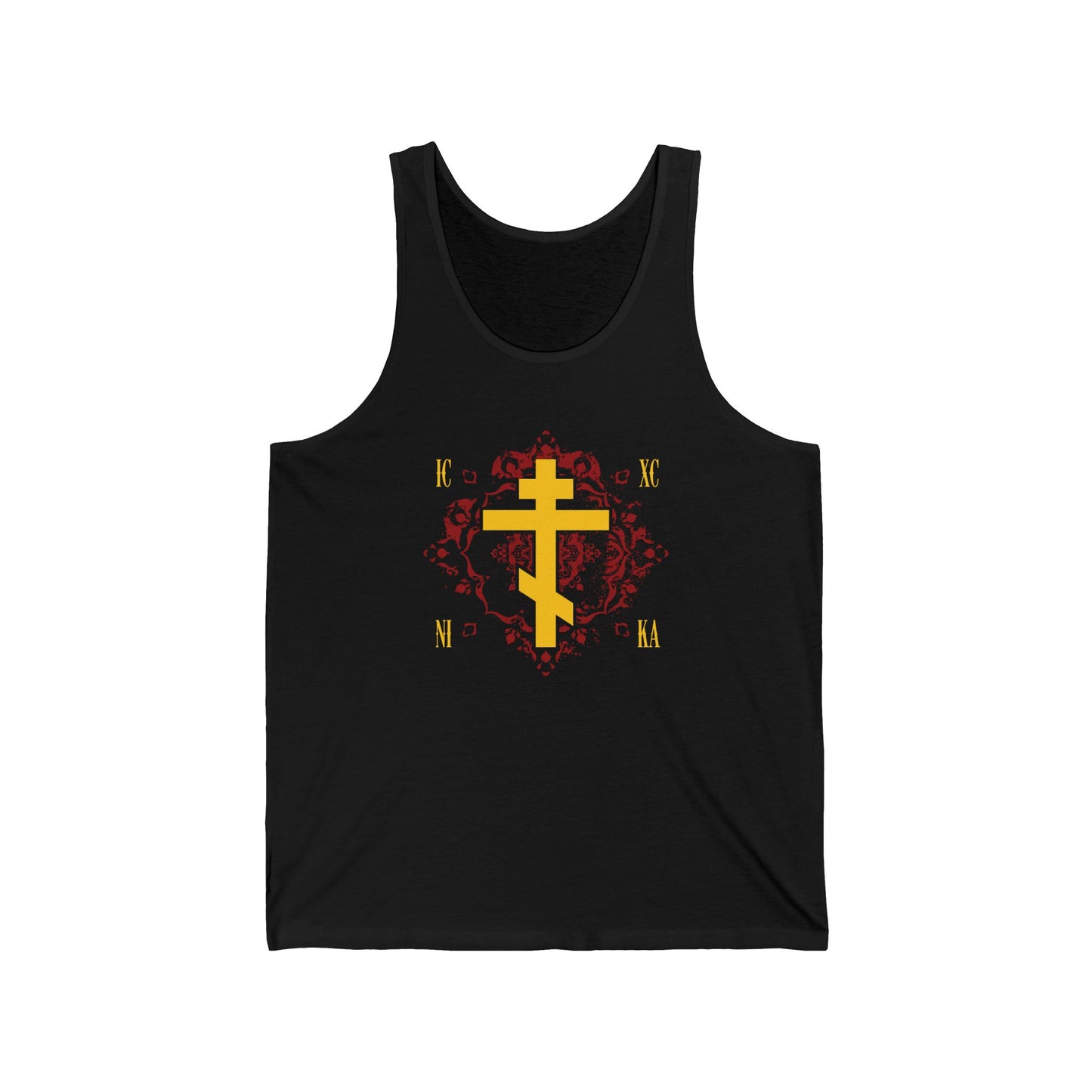 ICXC NIKA Yellow Russian Cross on Ornate Red Background | Orthodox Christian Jersey Tank Top / Sleeveless Shirt