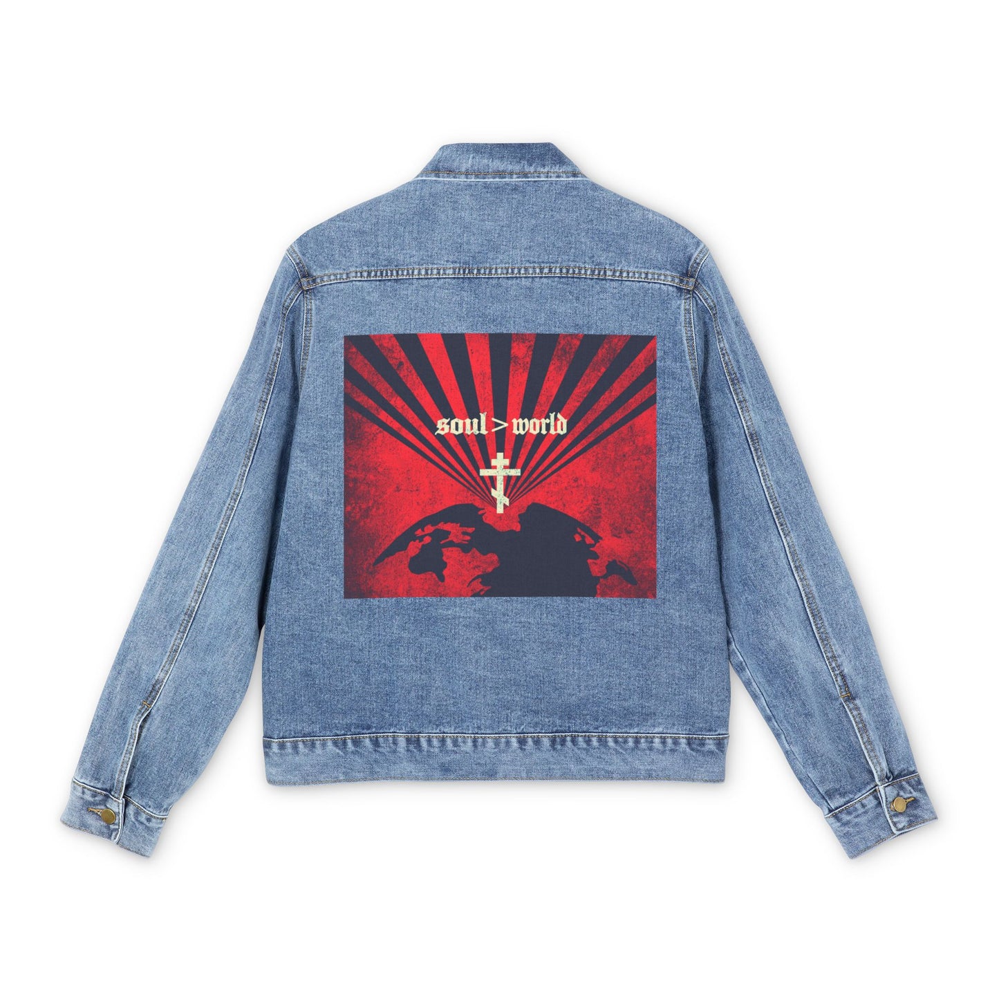 What Shall it Profit a Man | Matthew 16:26 | Soul Is Greater Than World | Red Earth White Cross | Orthodox Christian Blue Denim Jacket