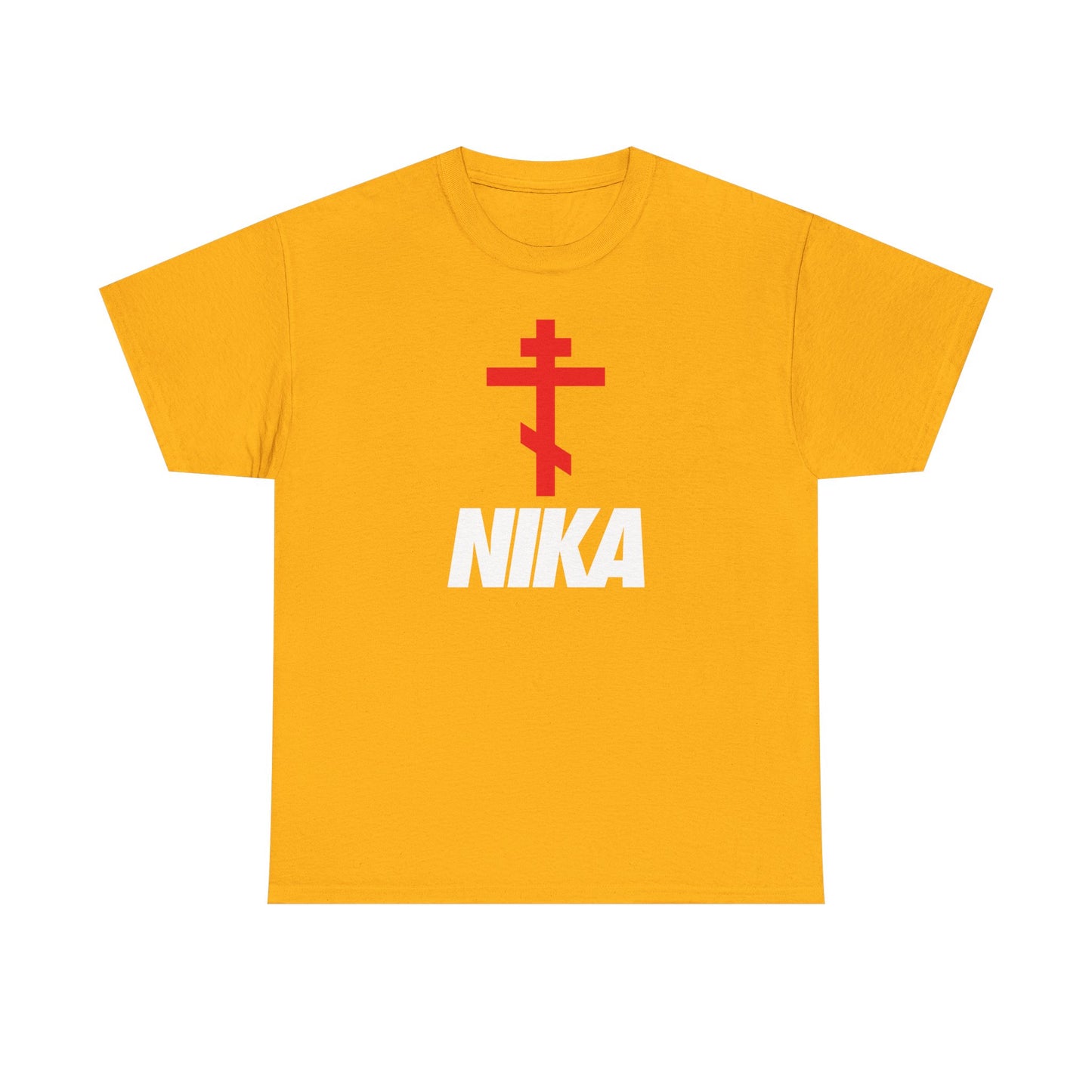 Gold heavy cotton t-shirt featuring an Orthodox cross with bold white NIKA text, inspired by the NIKE logo mashup. Minimalist Christian athletic ascetic fashion design on the front.