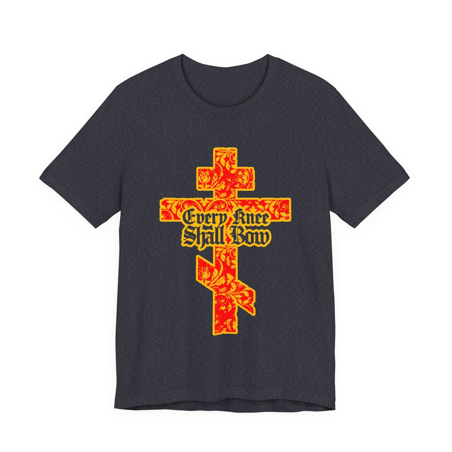 Black unisex tee featuring a gold and red floral Orthodox cross with Gothic lettering and "Every Knee Shall Bow," inspired by Isaiah 45:22-24 & Philippians 2:7-11.