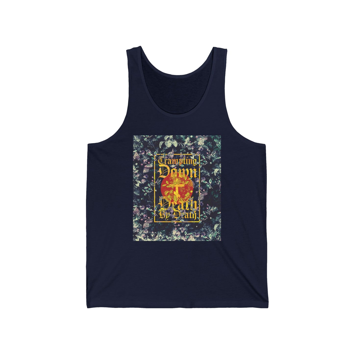 Trampling Down Death By Death | Paschal Floral Design with Gothic Script and Three-Bar Cross | Orthodox Christian Jersey Tank Top
