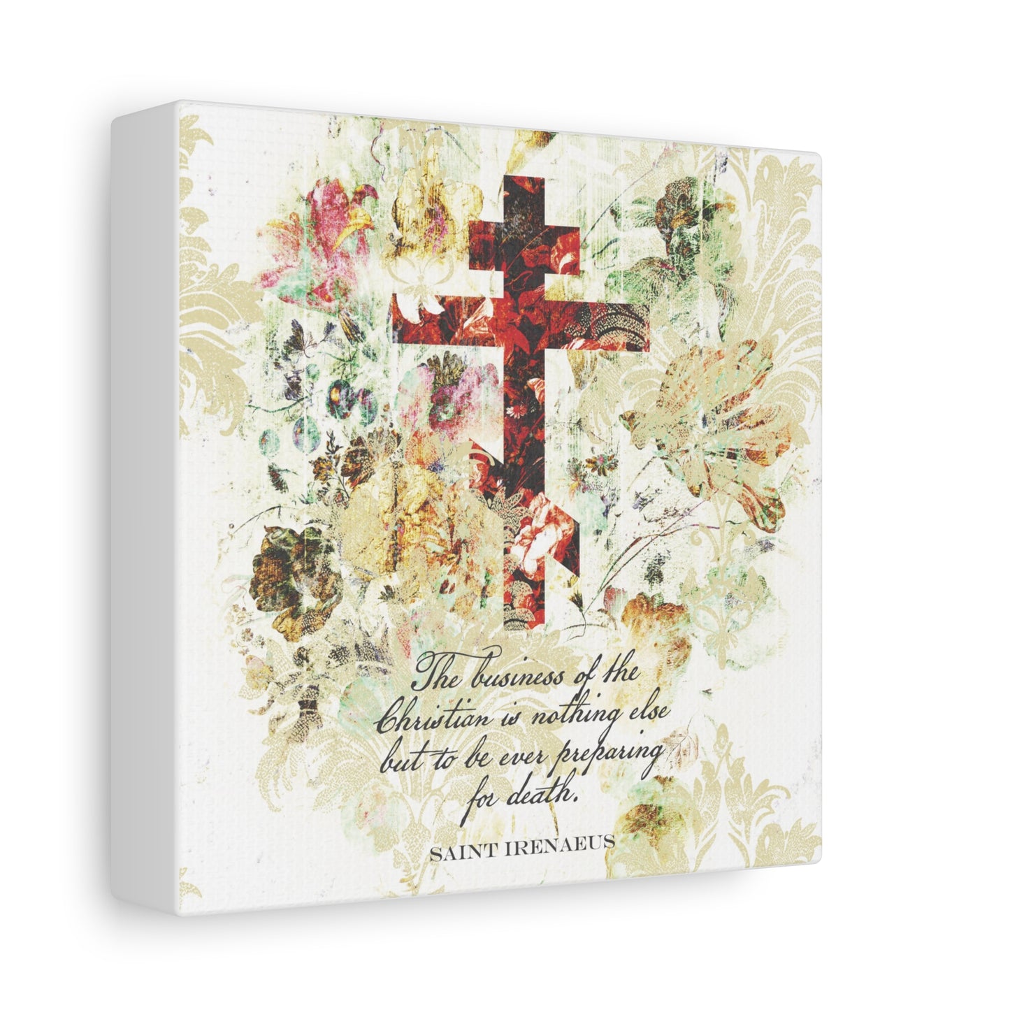Preparing For Death | White & Beige Floral Scrapbook Texture Cross | Arts & Crafts Style | St Irenaeus | Orthodox Christian Canvas Art