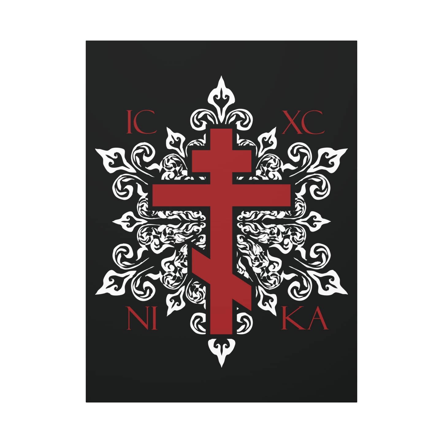 ICXC / NIKA Red Orthodox Cross on Ornate White Medieval Floral Design | Exclusive Best-Selling | Orthodox Christian Canvas Art