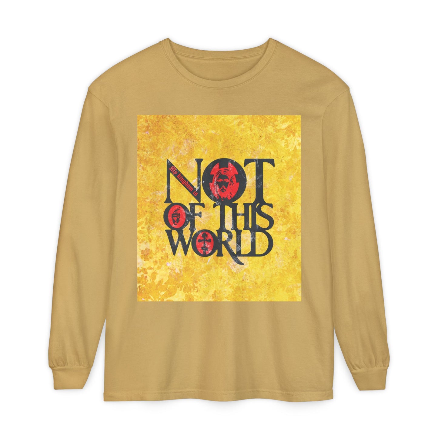 My Kingdom is Not of This World (John 18:36) | Bold Red, Yellow & Black Textured Design with Icon Motifs | Orthodox Christian Long Sleeve Shirt