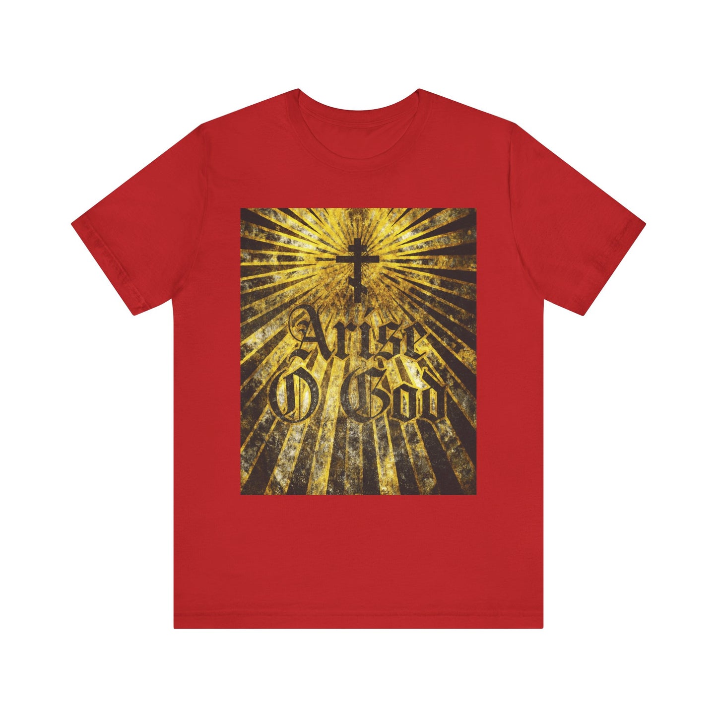 Red lightweight cotton unisex t-shirt with a textured Gothic "Arise O God" design, Orthodox cross, and golden rays on the front—Psalm 81 (82 LXX) Divine Council theme.