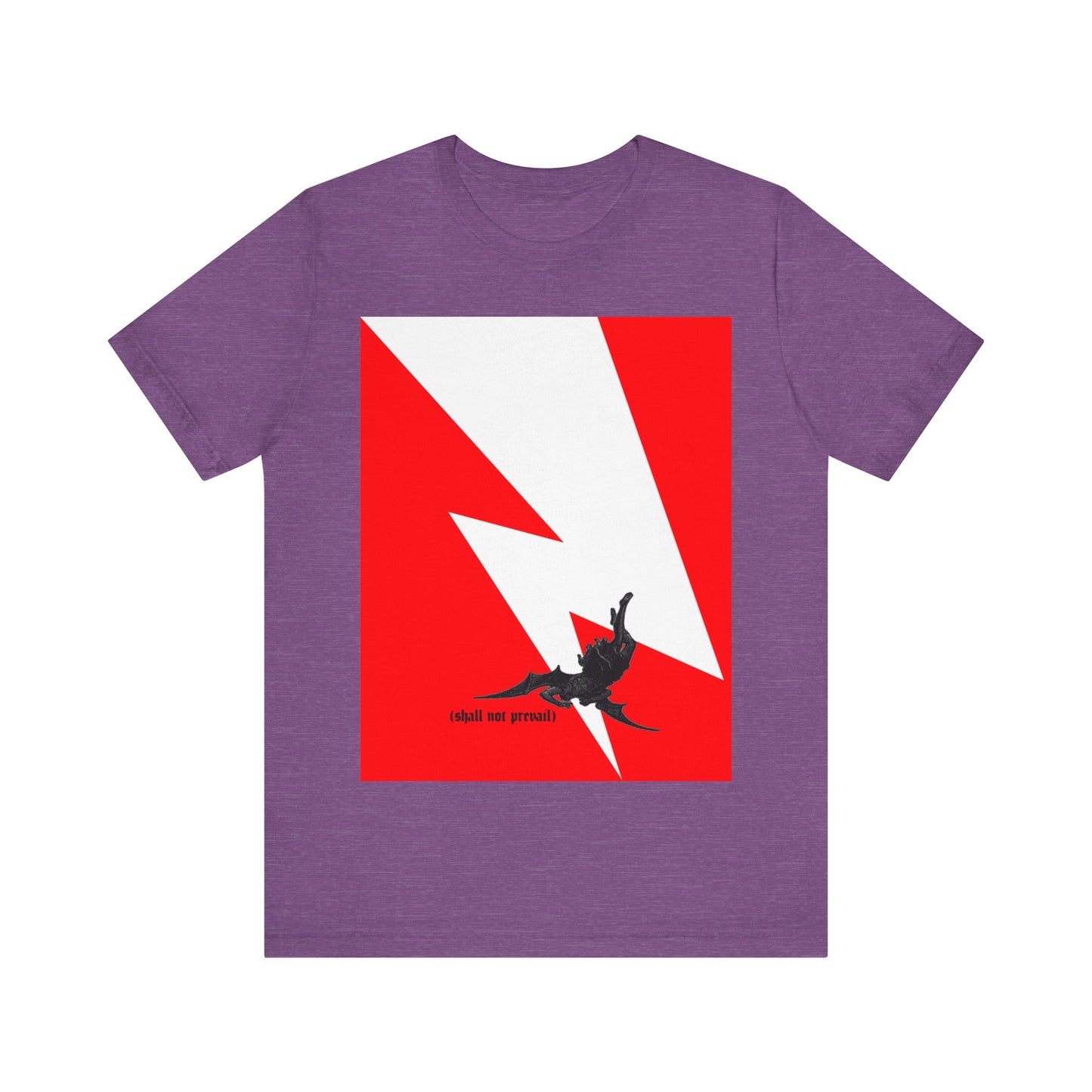 Heather Team Purple cotton t-shirt featuring a minimalist red and white lightning bolt with a black fallen angel figure and "Shall Not Prevail" text, inspired by Luke 10:18. Orthodox Christian design.