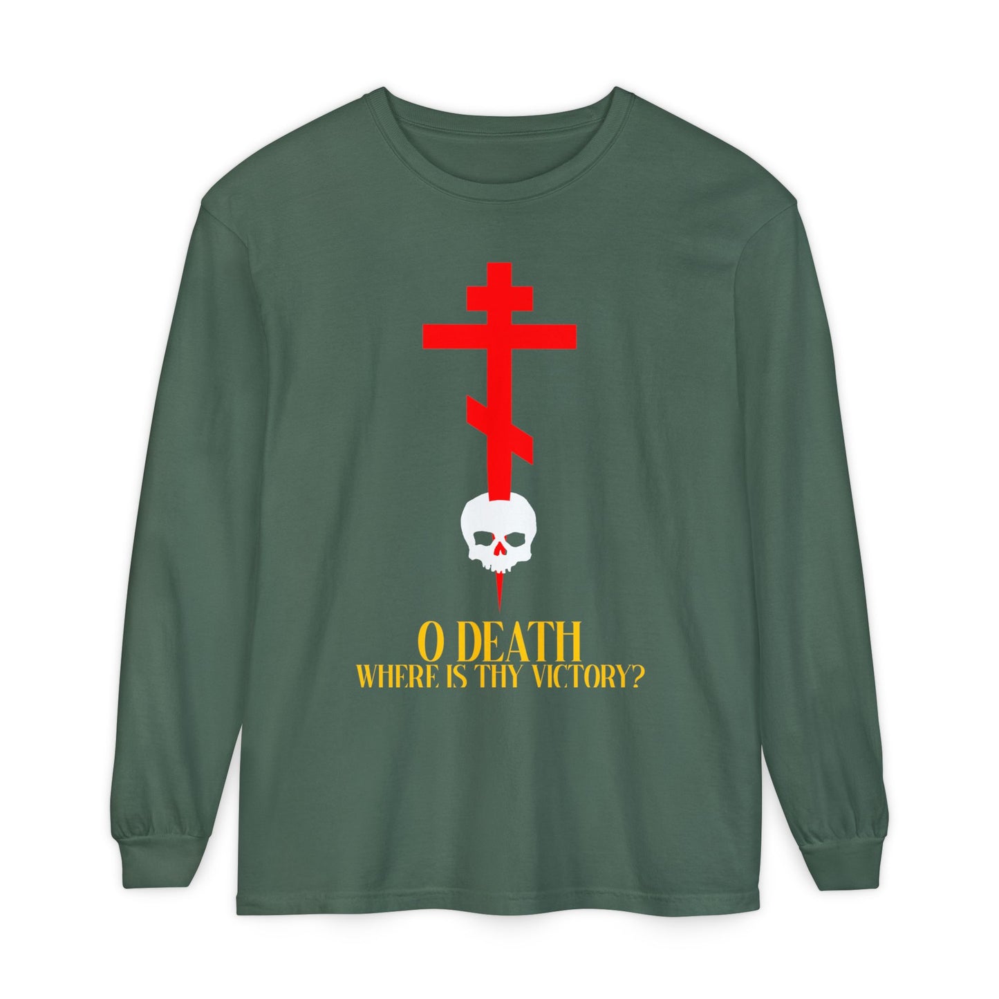 Blue Spruce long sleeve shirt featuring a red Orthodox cross stabbing a skull and yellow text: "O Death, Where is Thy Victory?" (1 Corinthians 15:55). An Orthodox Christian design about resurrection and salvation.