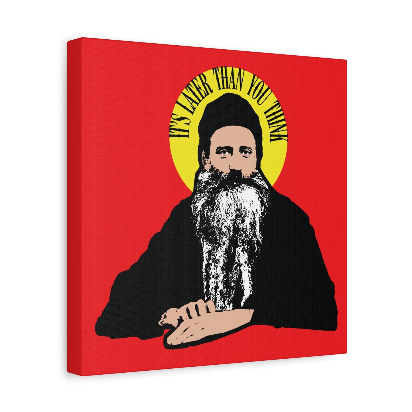 Illustration of Fr Seraphim Rose with a yellow halo and quote: It's Later Than You Think, on a red background. Modern American Orthodox Christian Saint wall art.