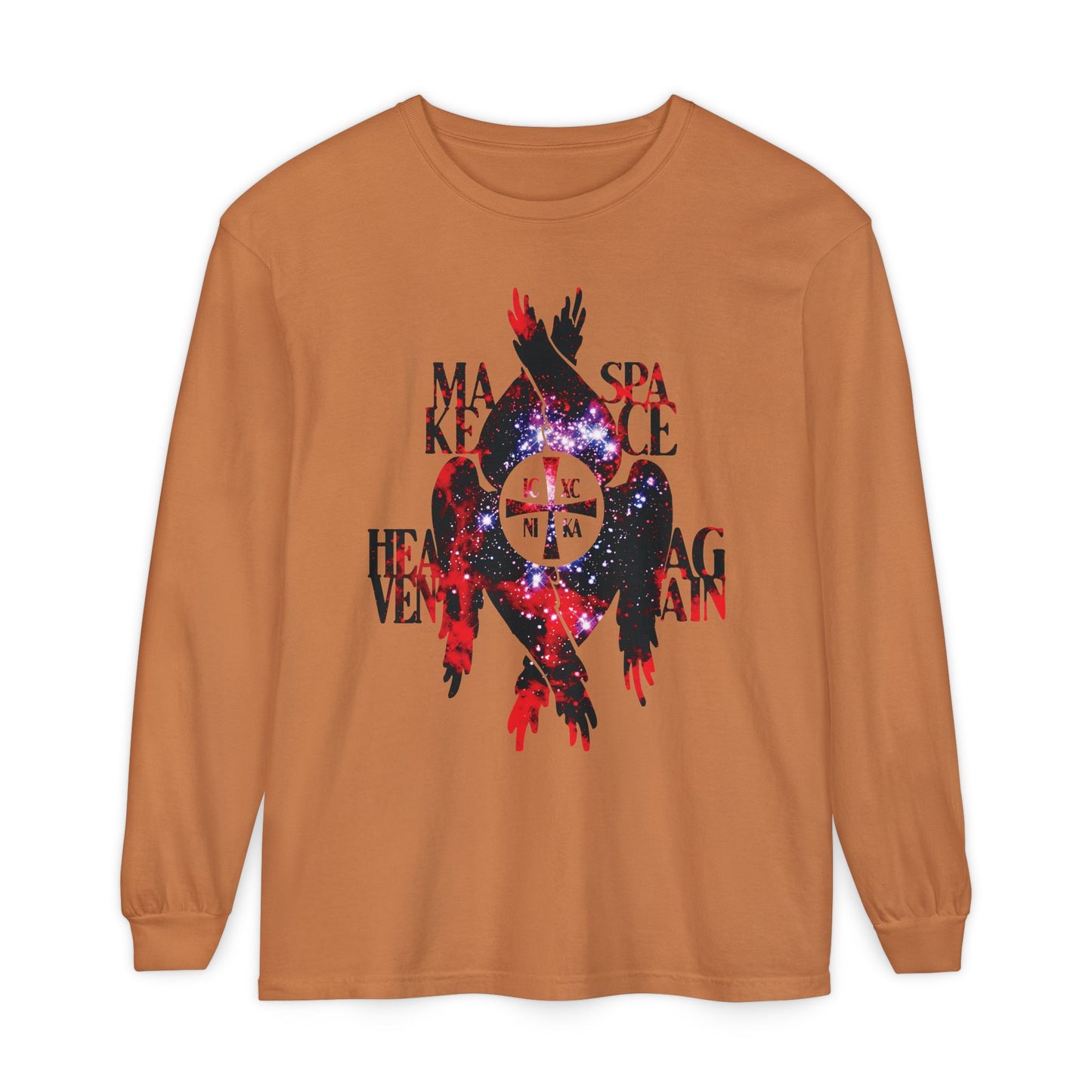 Yam-colored long sleeve shirt featuring the Make Space Heaven Again design, with textured ICXC NIKA cross, seraphim wings, and bold cosmic text inspired by Orthodox Christian themes.
