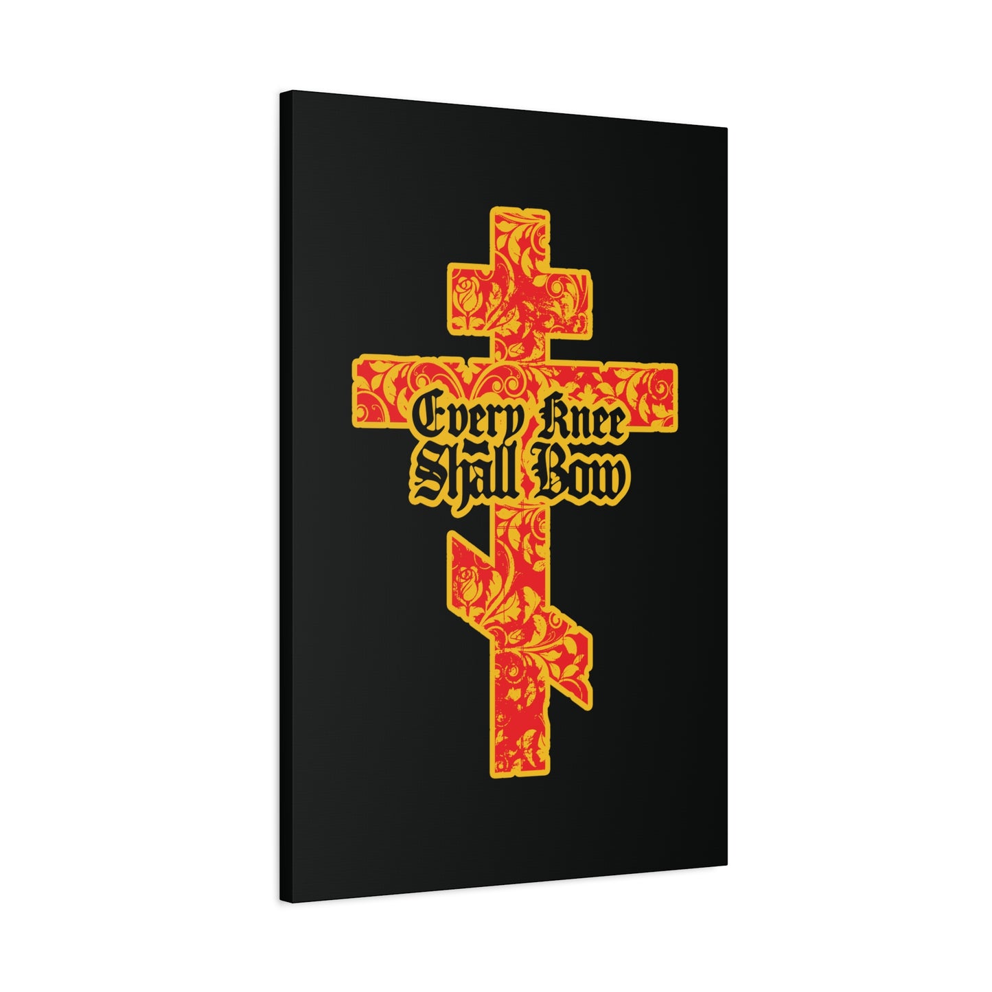 The "Every Knee Shall Bow" Christian wall art features a gold and red floral textured Orthodox cross with gothic lettering on a black background, inspired by Isaiah 45:22-24 and Philippians 2:7-11.