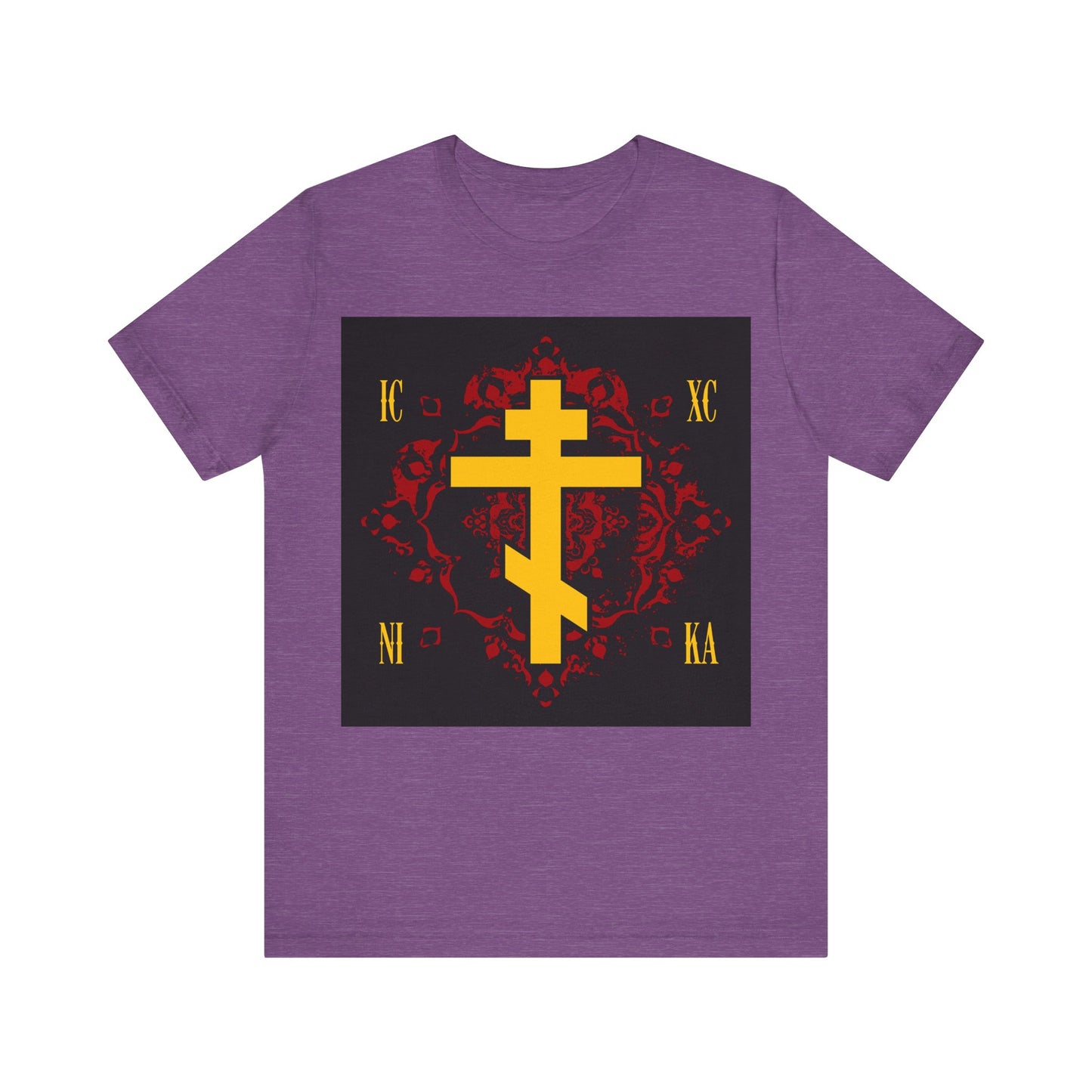 ICXC NIKA Yellow Russian Cross on Ornate Red Background Design | Jesus Christ Conquers | Orthodox Christian T-Shirt
