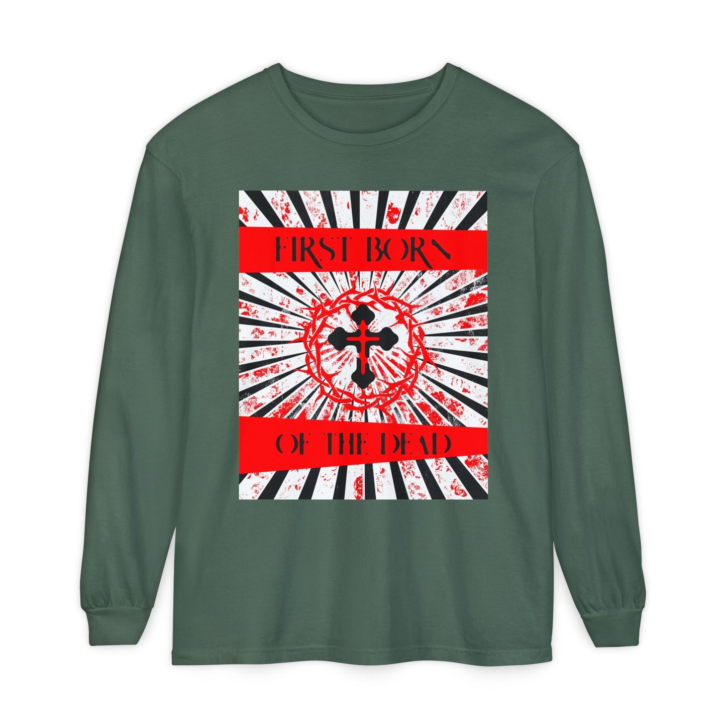 First Born of the Dead | Orthodox Cross and Crown of Thorns | Red White and Black Textured Design with Rays | Orthodox Christian Long Sleeve Shirt