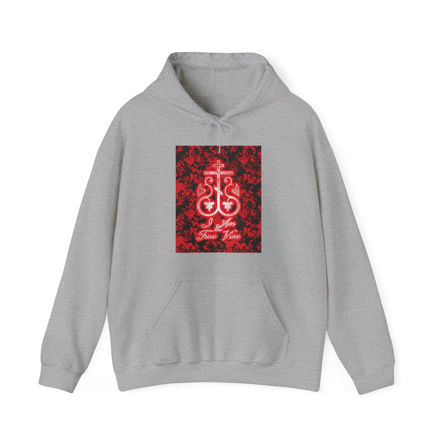 I Am the True Vine (John 15:1) | Orthodox Cross Vine Monogram | Red and Black Floral Design | Orthodox Christian Hoodie / Hooded Sweatshirt