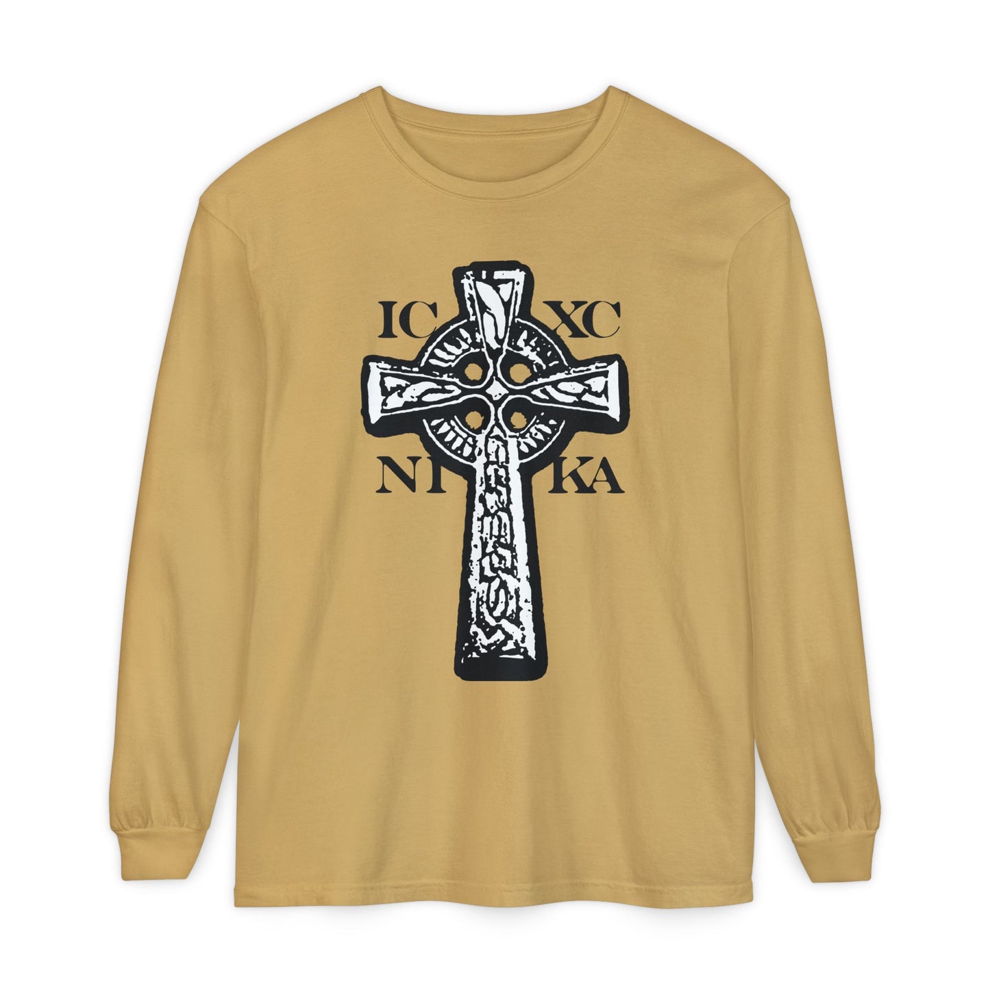 Mustard long-sleeve shirt featuring a bold black-and-white ICXC NIKA Celtic Knotwork Cross on a red background, symbolizing "Jesus Christ Conquers" in the Orthodox Christian tradition.