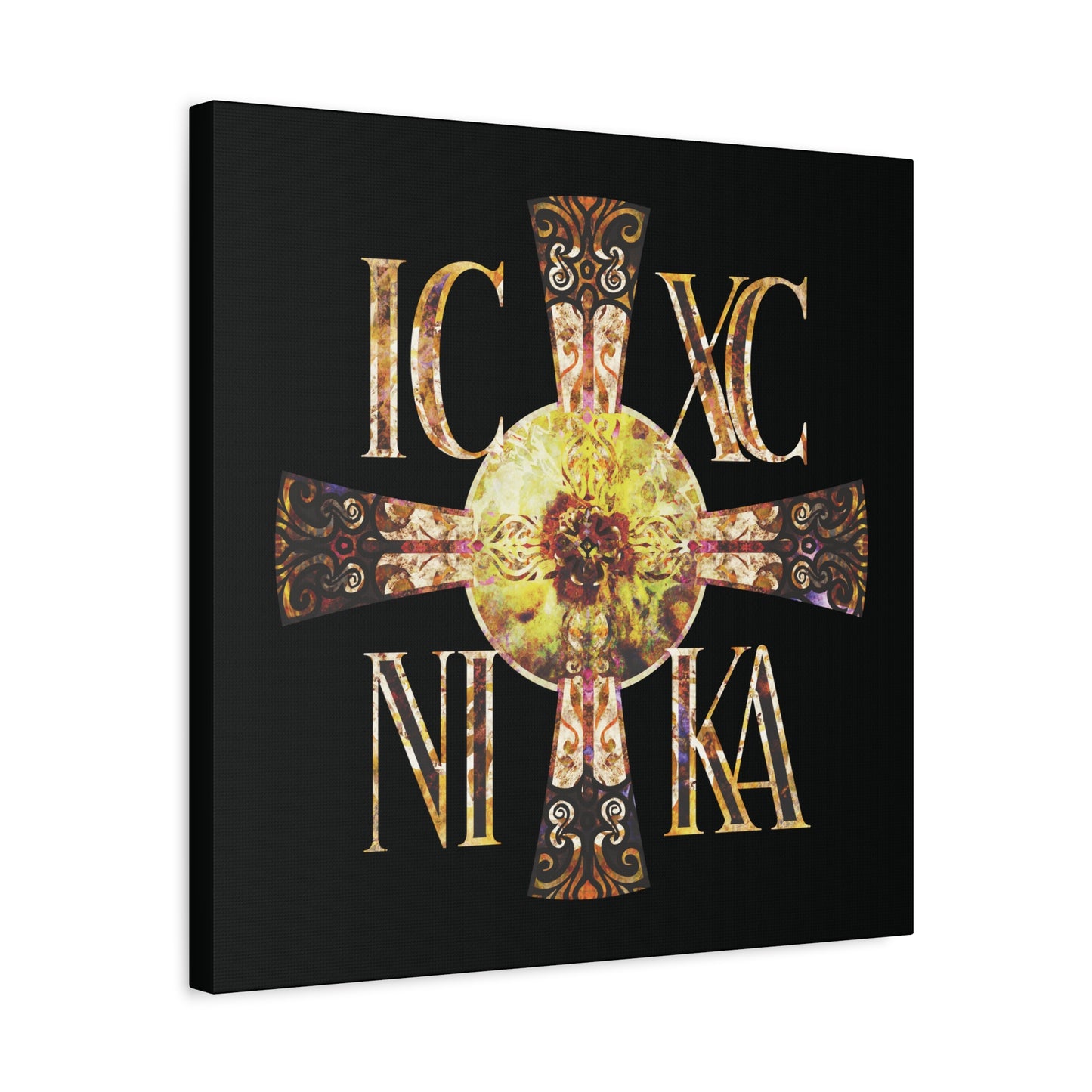 ICXC NIKA Celtic Style Equal Armed Cross | Bright Solar Texture | Orthodox Christian Canvas Art