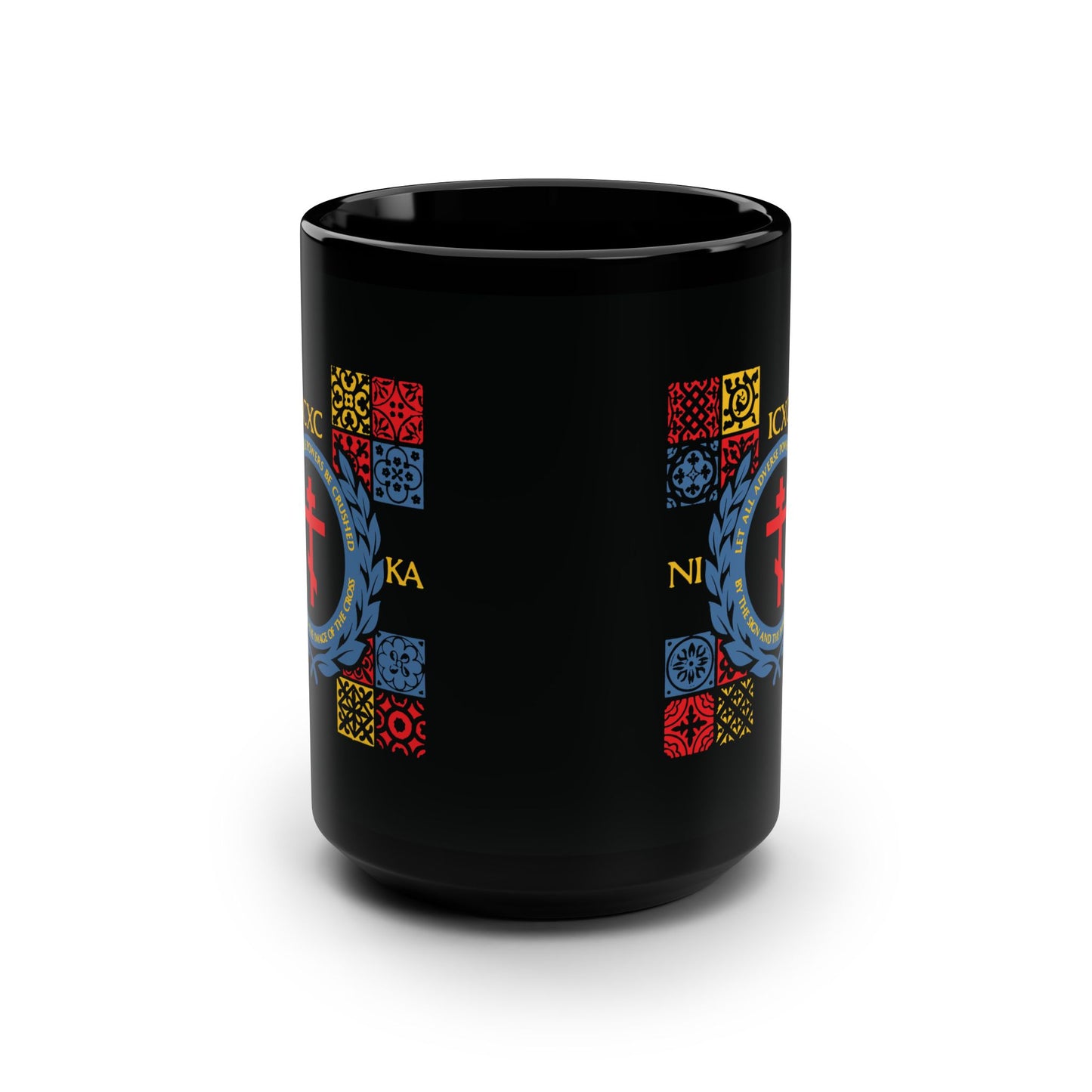 Let All Adverse Powers Be Crushed (Red, Yellow & Blue Design) | ICXC NIKA | Medieval Tile Design | Orthodox Christian Black Mug